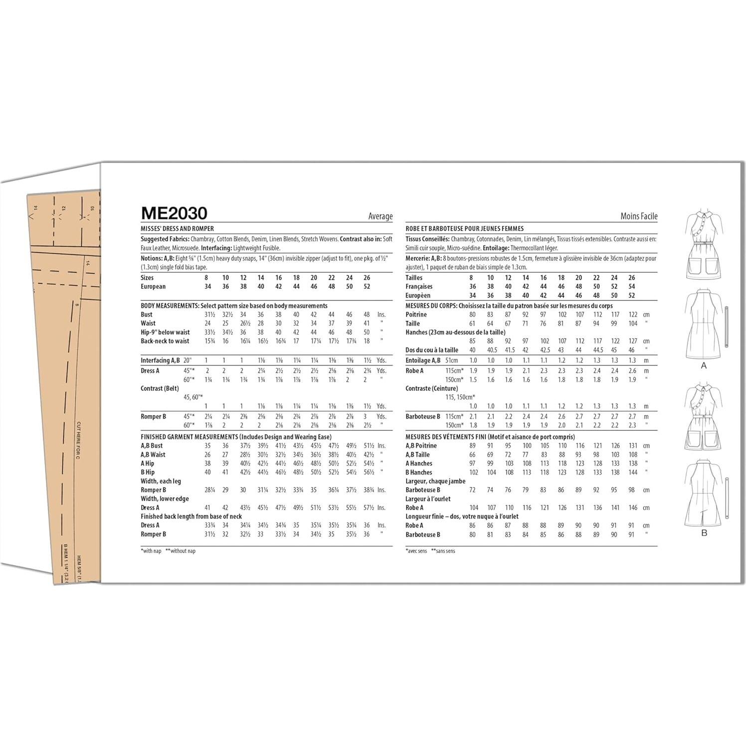 Patrones de Costura McCall's ME2030 para Vestido y Mono Tallas 8-16