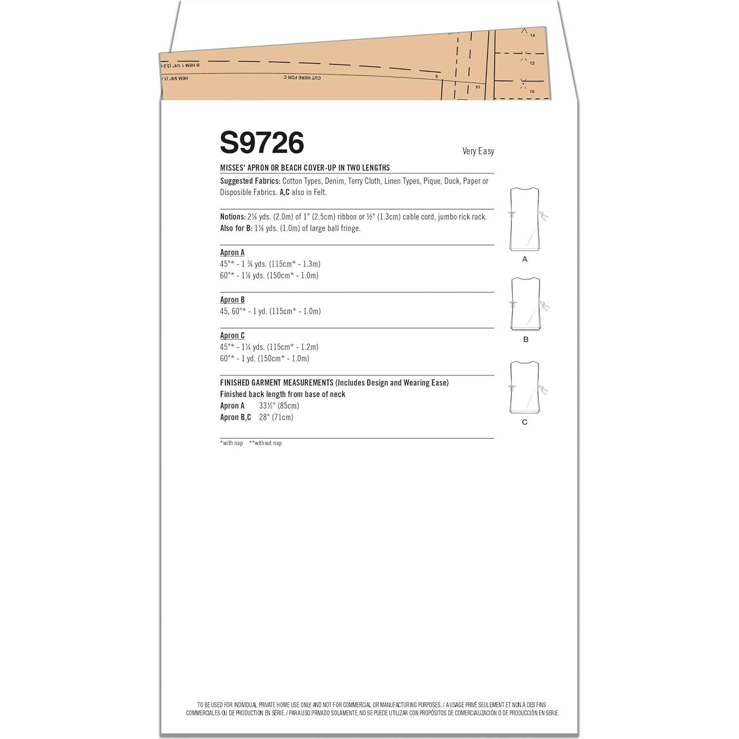 Patrón de Costura Delantal Vintage Simplicidad S9726 Multicolor