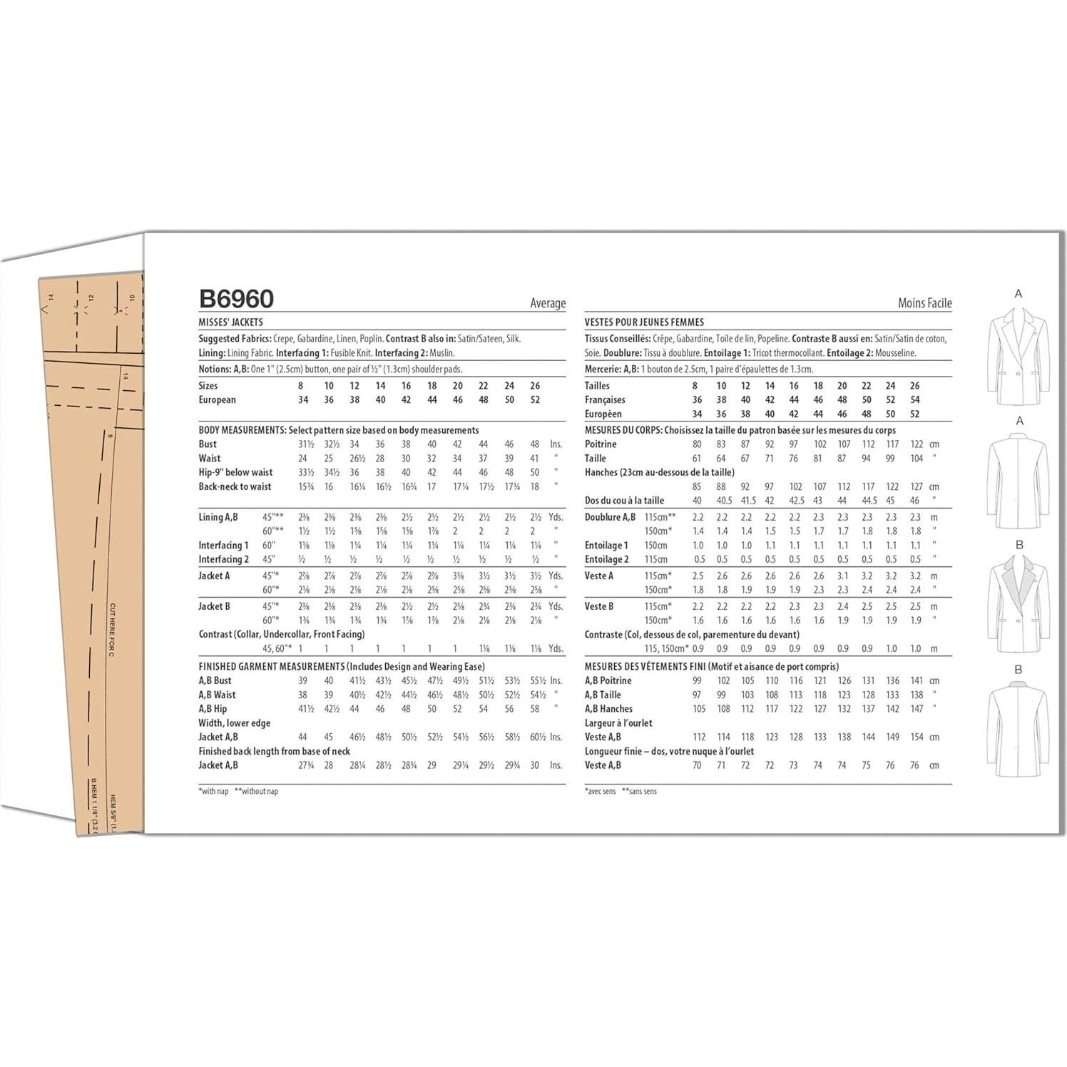 Patrón de Costura Chaqueta Forrada Butterick B6960 Tallas 8-16