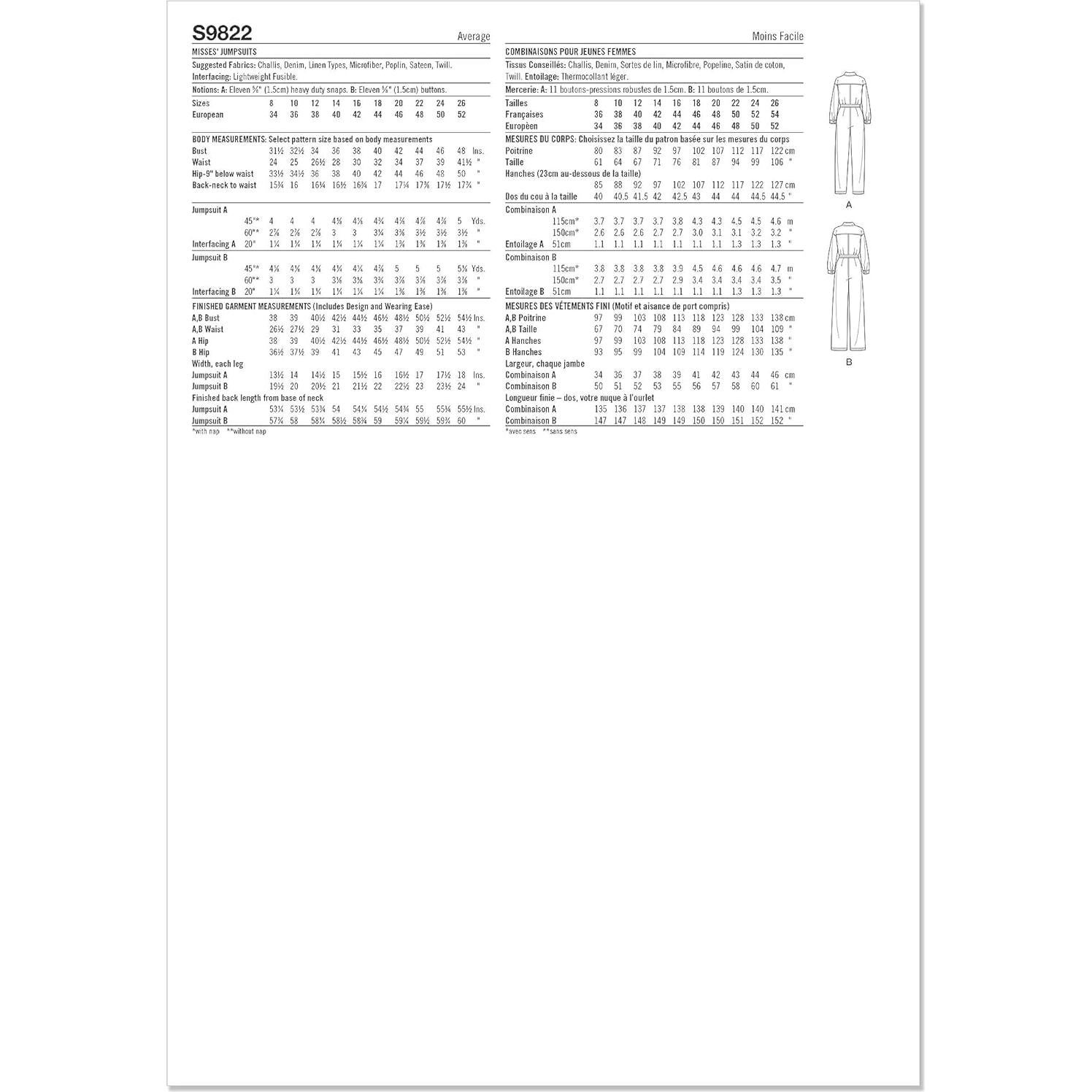 Patrón de Costura Mono Mujer Simplicidad S9822 Tallas 18-26