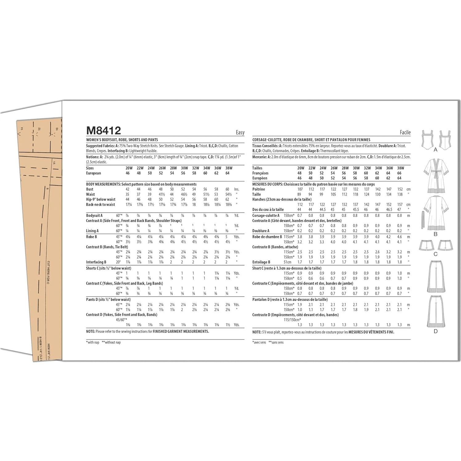 Kit de Patrón de Costura McCall's M8412 para Bodysuit y Pantalones Mujer 20W-28W