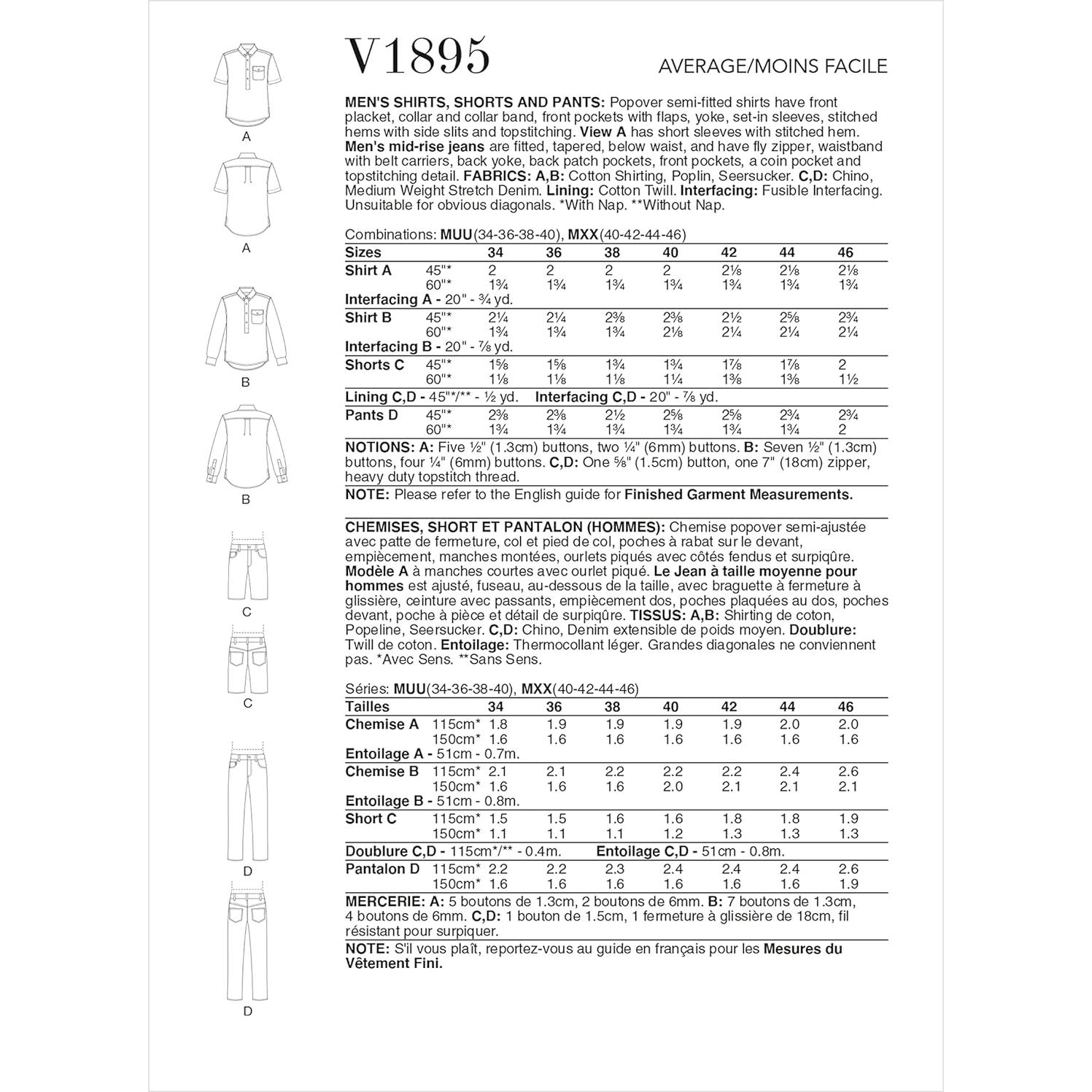 Patrón de Costura Camisa y Pantalones Vogue V1895 Tallas 34-40