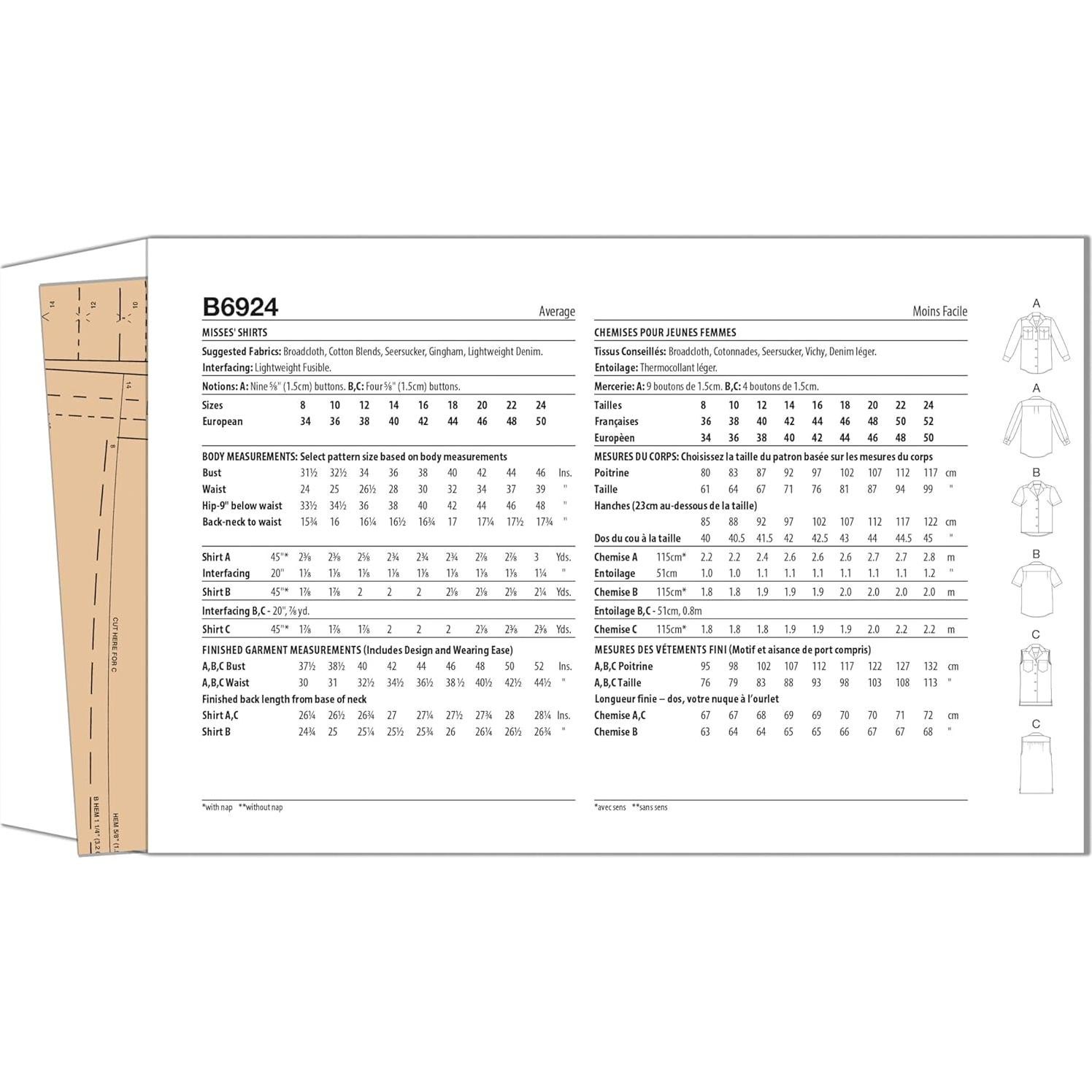 Patrón de Camisas Ajustadas Butterick B6924 Tallas 8-16