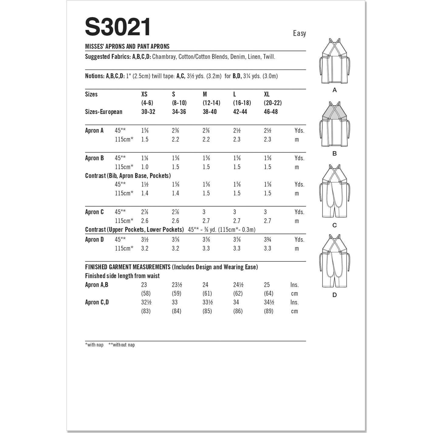 Patrón de Costura Delantales Simplicidad S3021 Tallas XS-XL