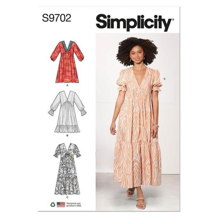 Kit de Patrones de Costura Simplicity S9702 Vestido Escote V Tallas 18-26