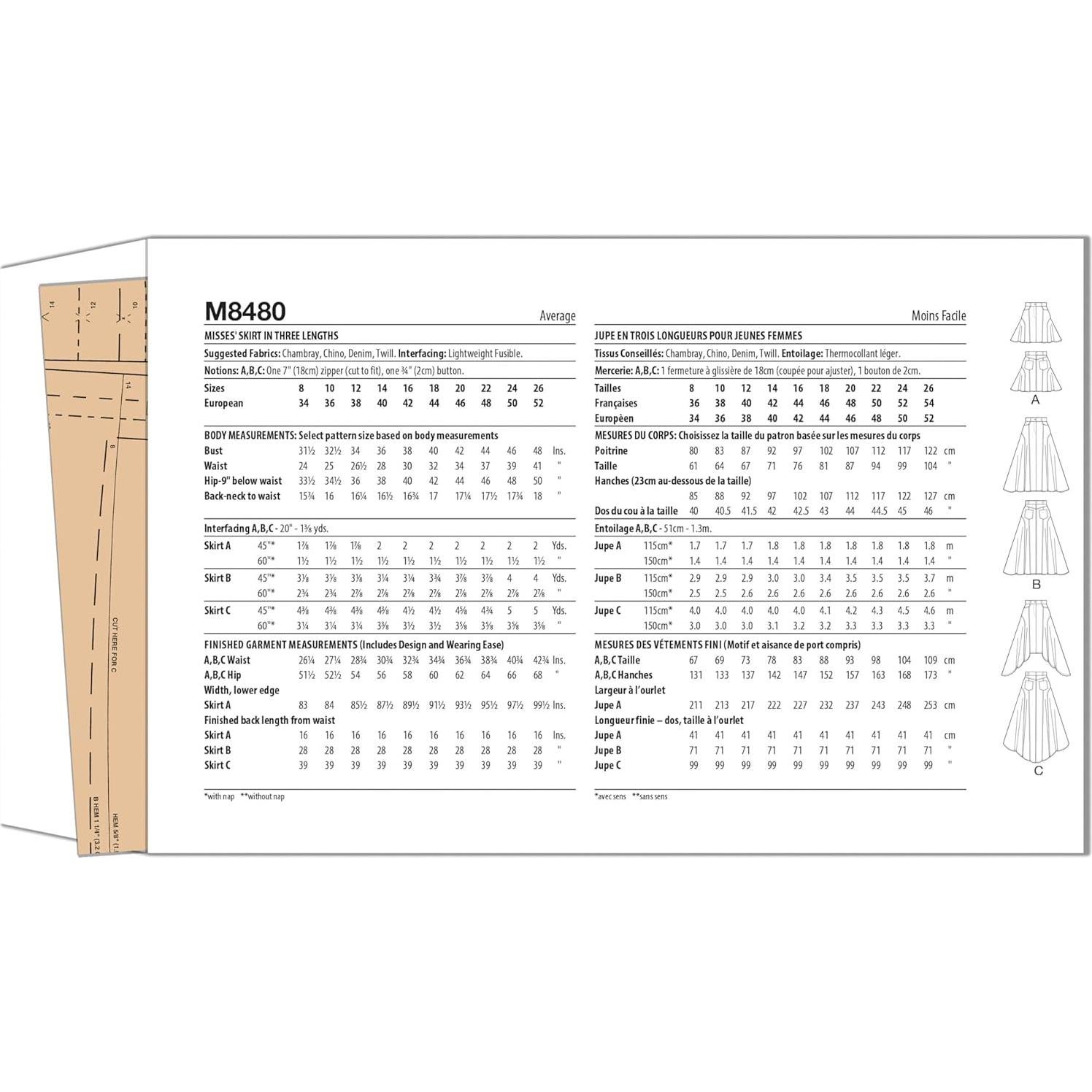 Patrón de Costura McCall's M8480 para Falda Dama Tallas 8-16