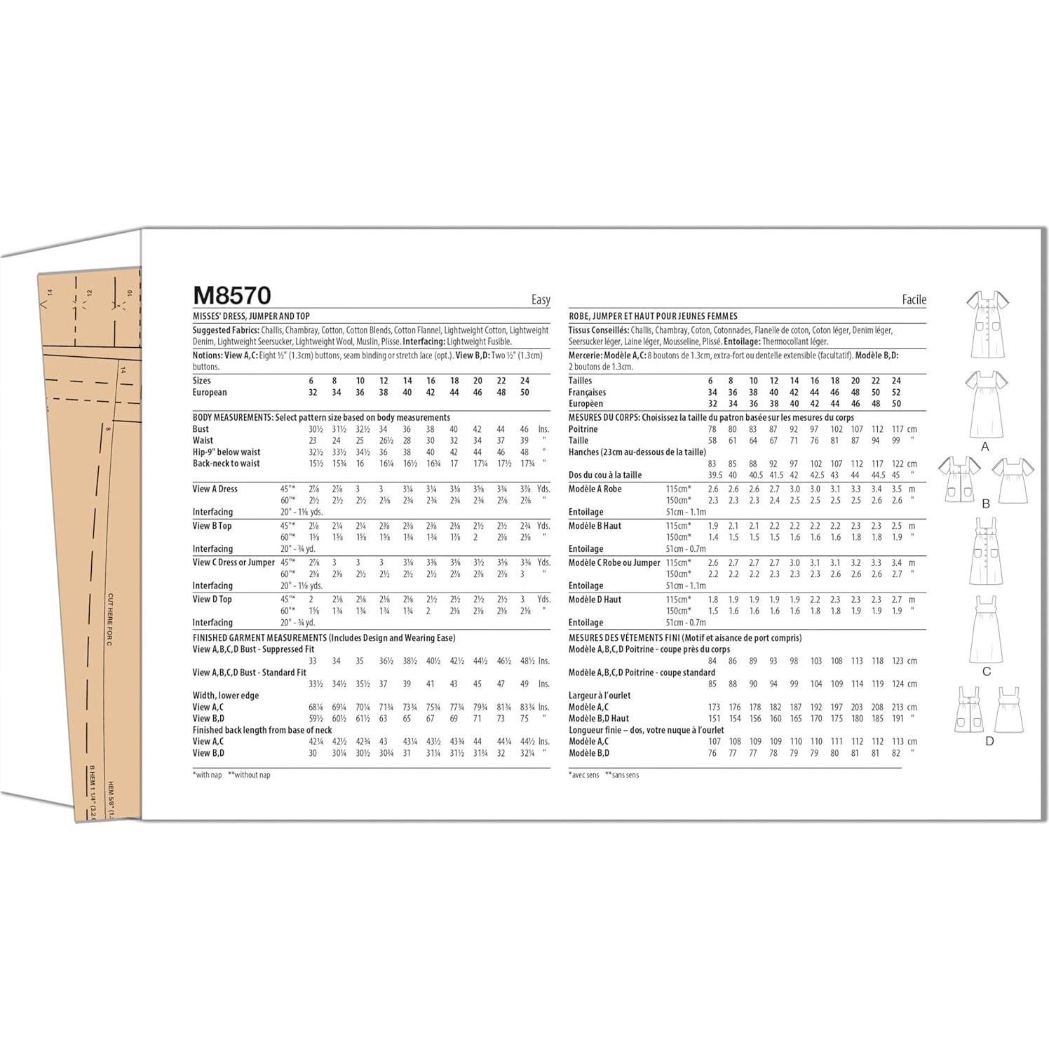Patrón de Costura Vintage McCall's M8570 - Vestido, Mono y Top 6-14