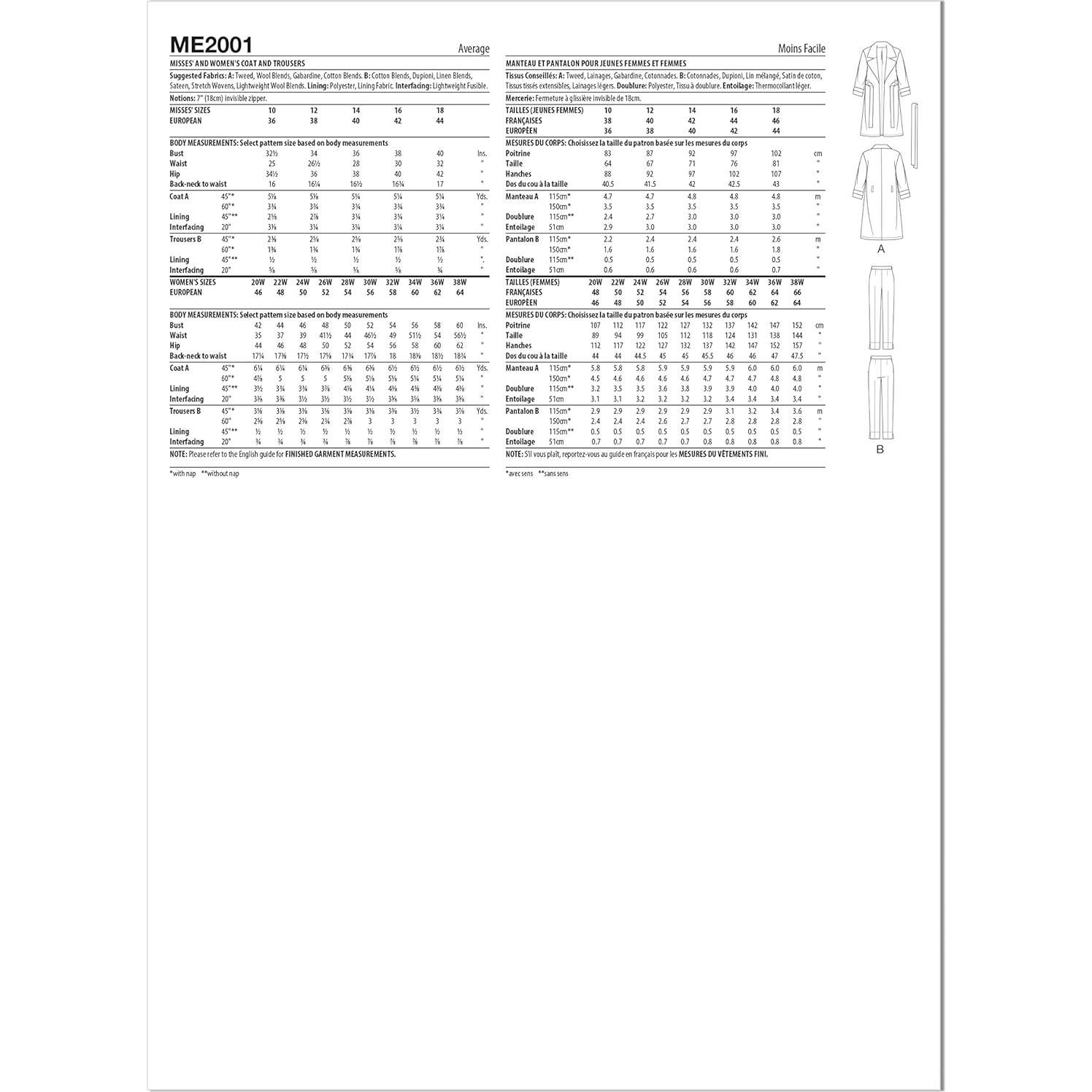 Patrones de Costura McCall's ME2001 para Abrigos y Pantalones 10-18