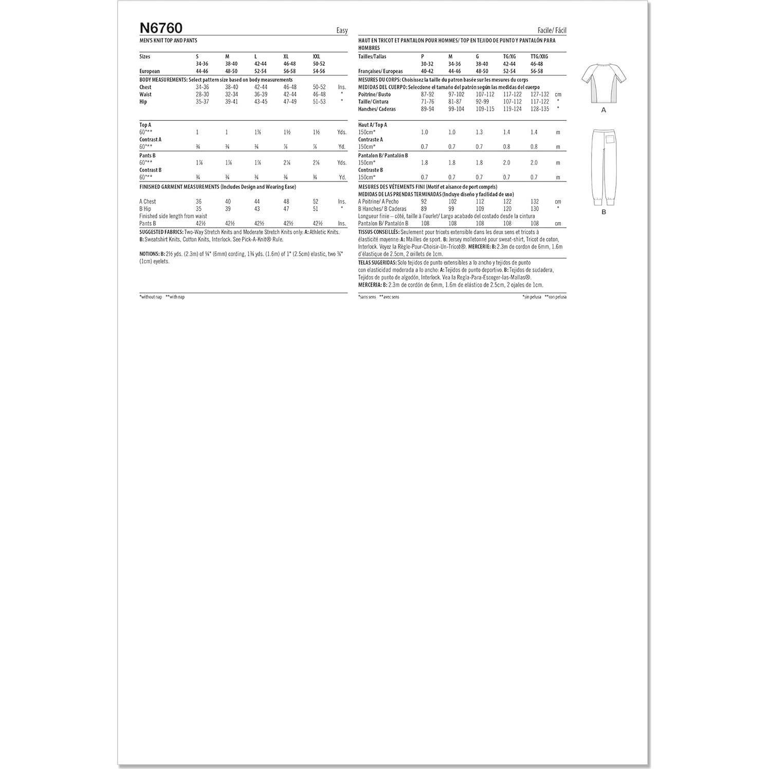 Patrón de Costura Nuevo Look Suéter y Joggers Hombre S-XXL