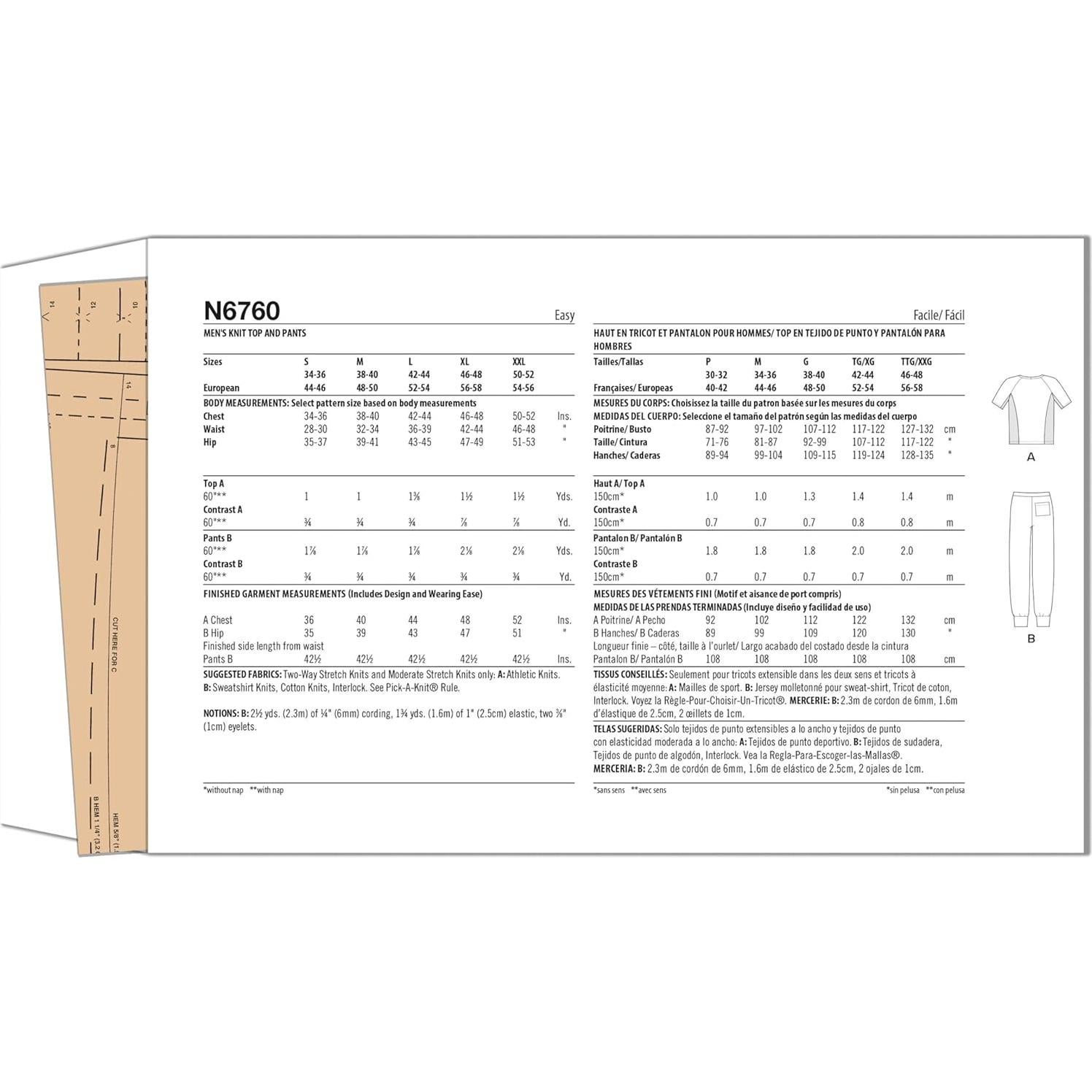 Patrón de Costura Nuevo Look Suéter y Joggers Hombre S-XXL