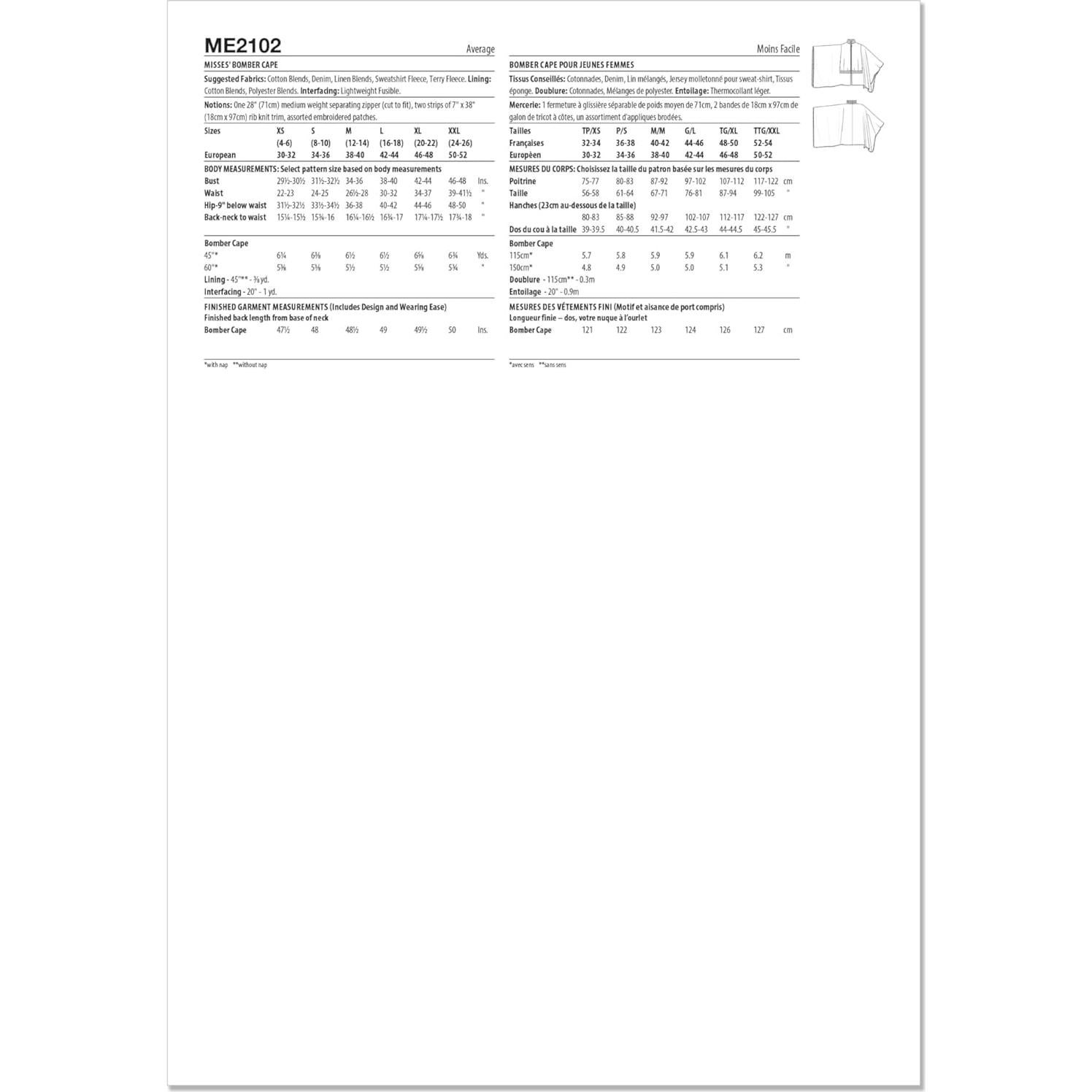 Patrón de Costura Capa Bomber Mujer Know Me ME2102 Tallas XS-XXL