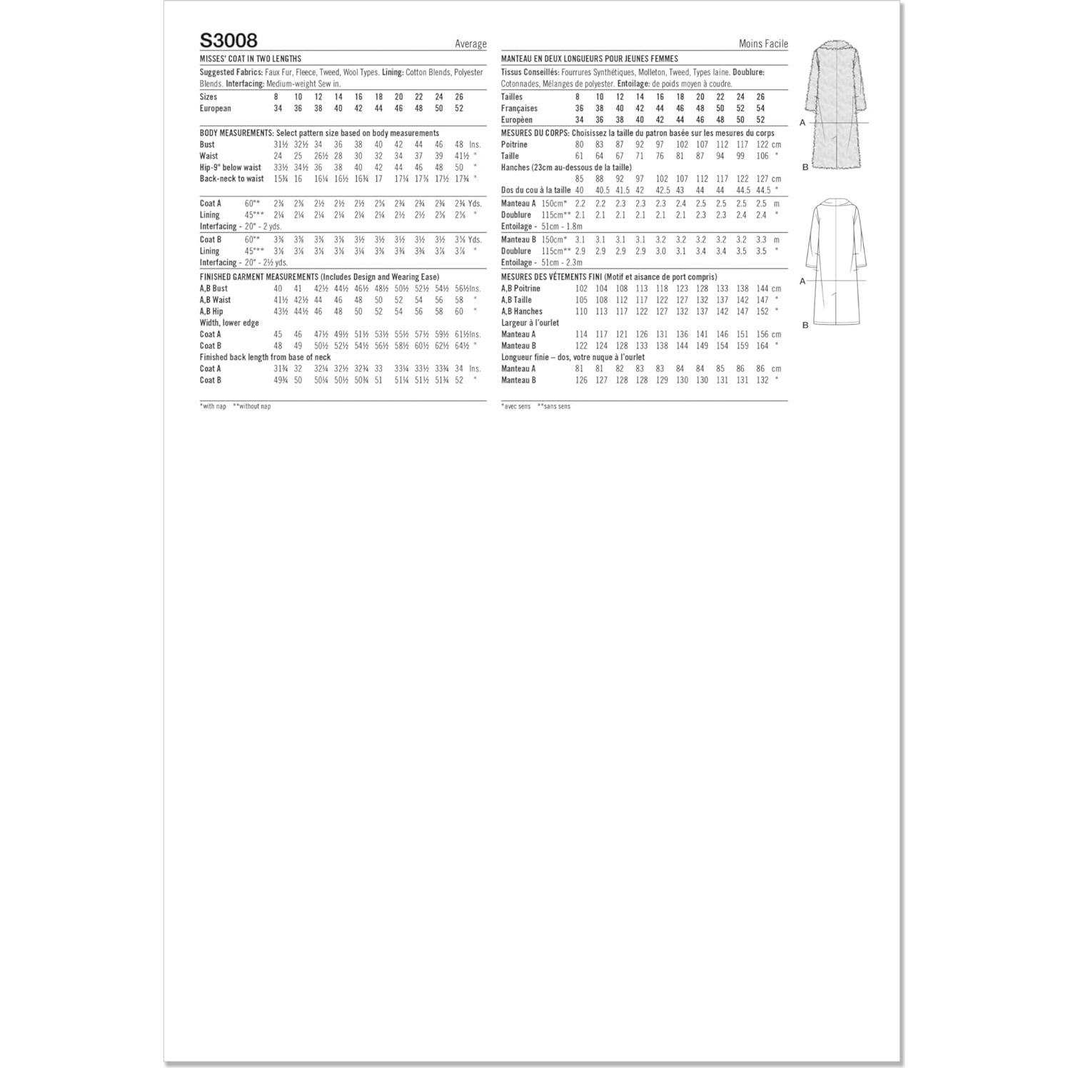 Patrón de Costura Simplicidad S3008 Abrigo Dama Tallas 18-26