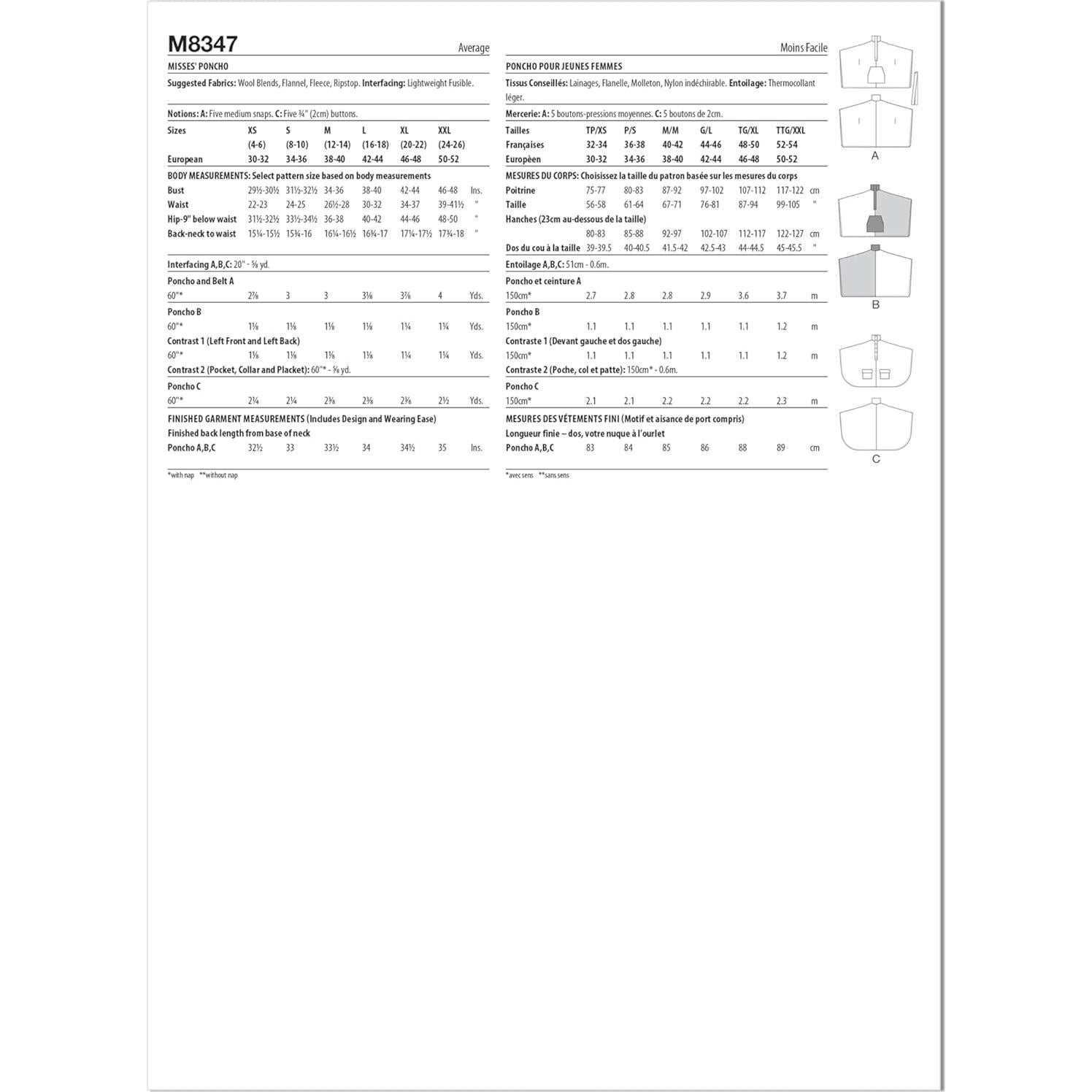 Kit de Patrón de Costura Poncho McCall's M8347 LRG-XXL