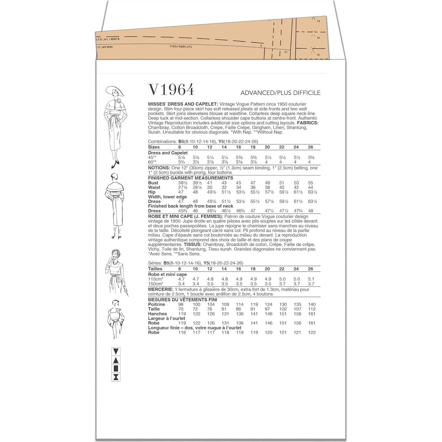 Patrón de Costura Vogue Vintage 1950 Capa y Vestido 18-26