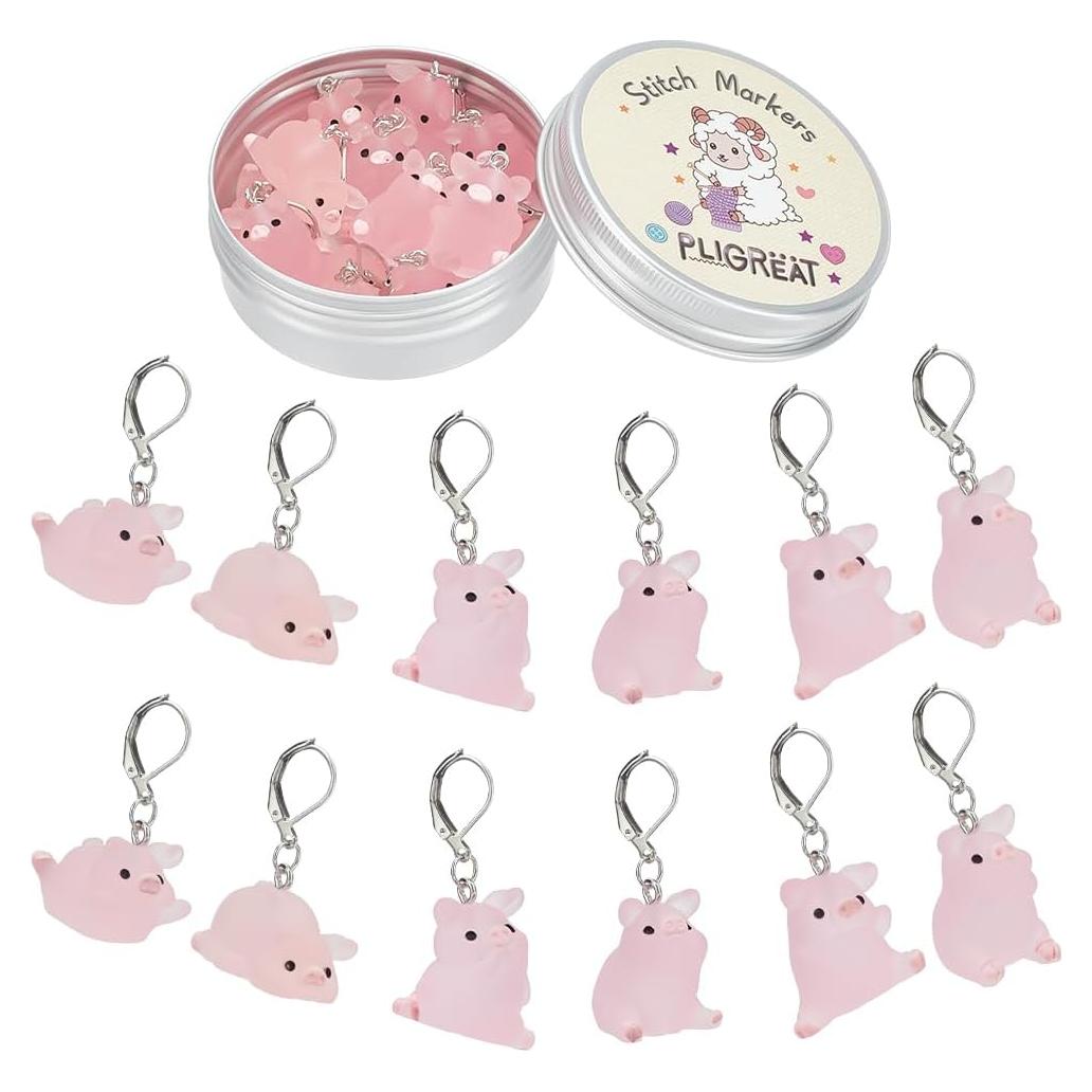 PLIGREAT 12 Pcs Cute Luminous Pink Pig Charms Crochet Locking Stitch Markers Set Knitting Stitch Counter DIY Earrings Bracelet Necklace Crafts Pendant Jewelry Making Accessories Gift for Grandma Moms