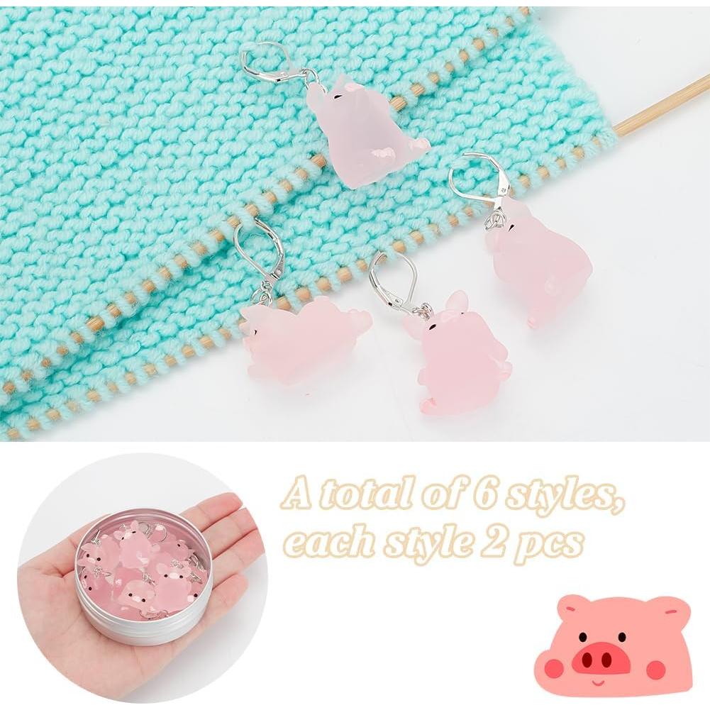 PLIGREAT 12 Pcs Cute Luminous Pink Pig Charms Crochet Locking Stitch Markers Set Knitting Stitch Counter DIY Earrings Bracelet Necklace Crafts Pendant Jewelry Making Accessories Gift for Grandma Moms