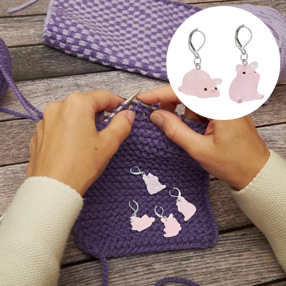 PLIGREAT 12 Pcs Cute Luminous Pink Pig Charms Crochet Locking Stitch Markers Set Knitting Stitch Counter DIY Earrings Bracelet Necklace Crafts Pendant Jewelry Making Accessories Gift for Grandma Moms