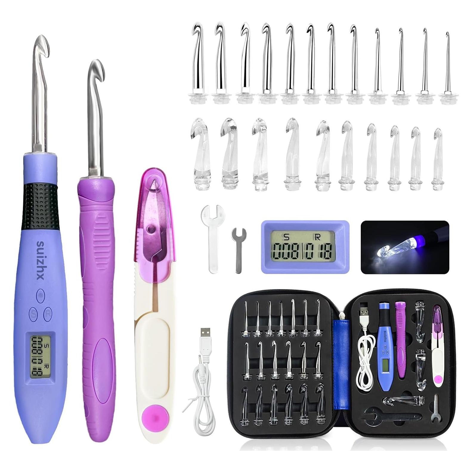 Juego de Ganchillos Ergonómicos SUIZHX con 22 Agujas Iluminadas