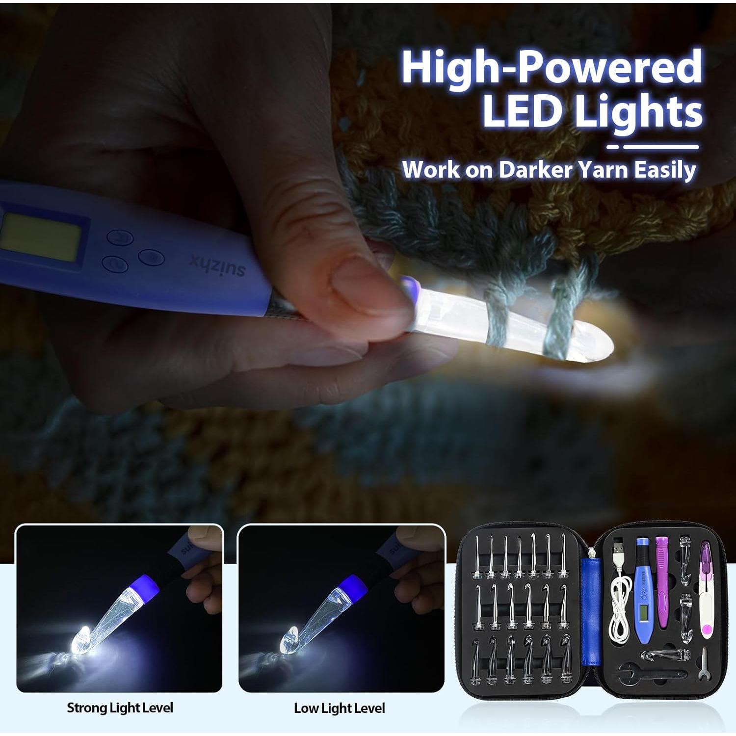 Juego de Ganchillos Ergonómicos SUIZHX con 22 Agujas Iluminadas