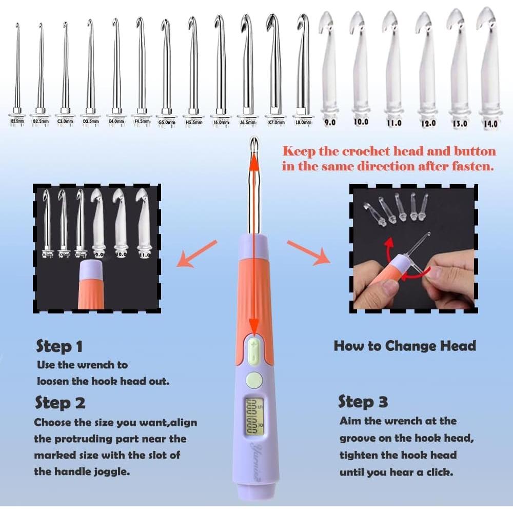 Ganchos de Crochet Digital Yarniss con Luz y Contador 2.0-14.0mm