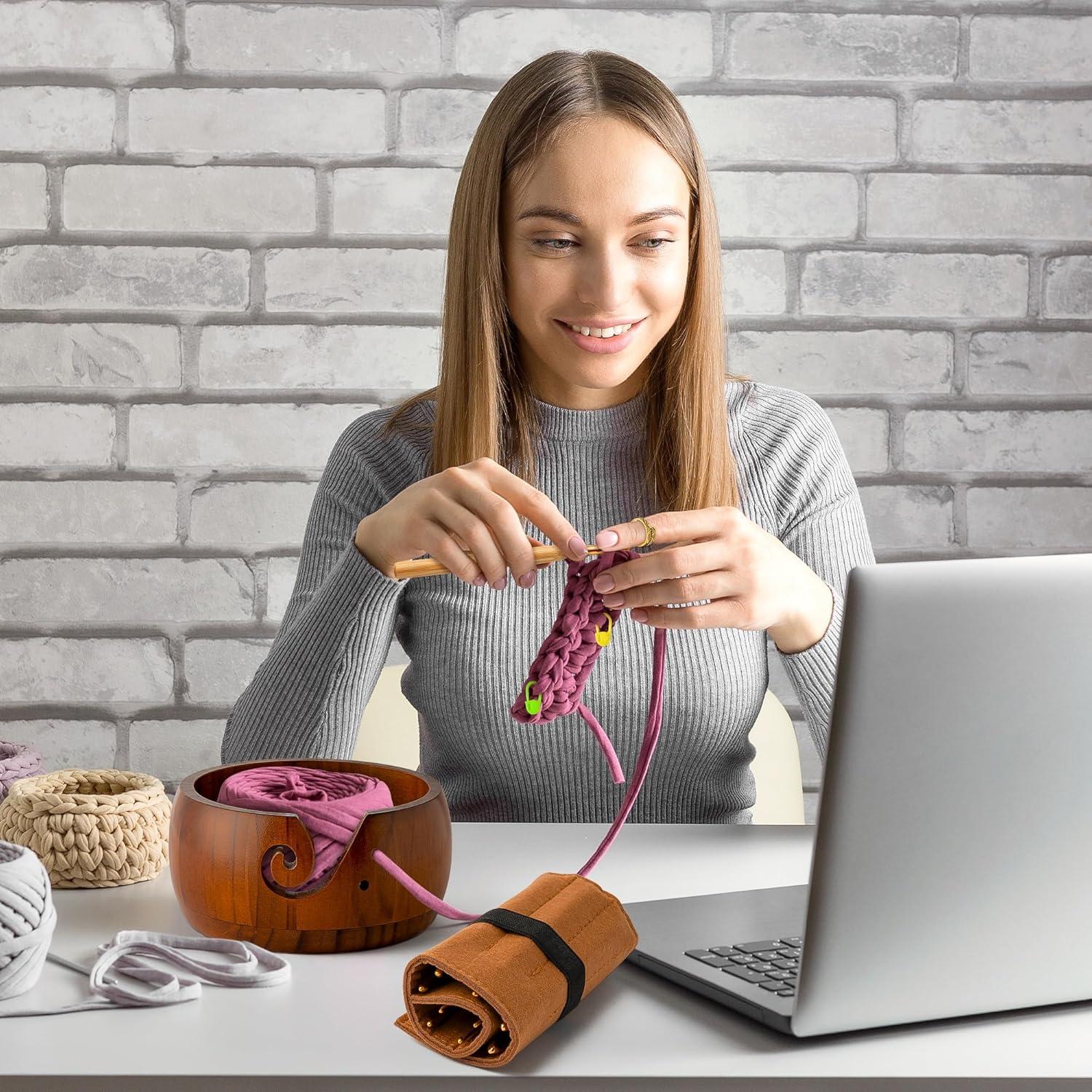 Conjunto de Soporte para Ovillos de Hilo WATINC - Cuenco de Madera con 9 Ganchos y Marcadores