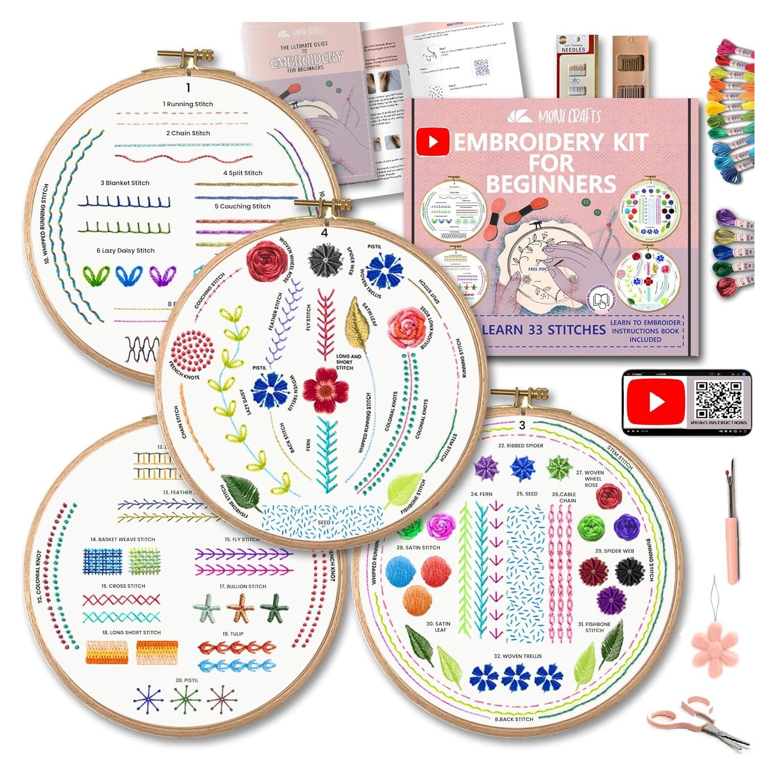 Kit de Bordado Moni Crafts para Principiantes - 4 Patrones y Guía