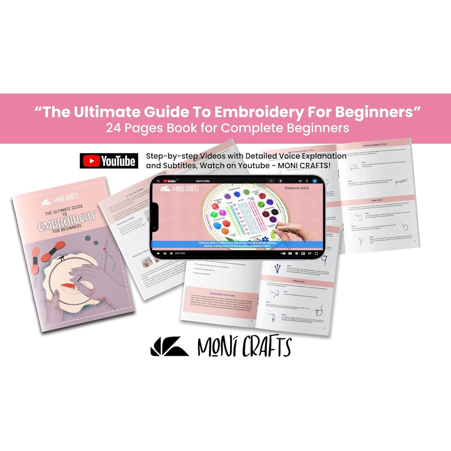 Kit de Bordado Moni Crafts para Principiantes - 4 Patrones y Guía