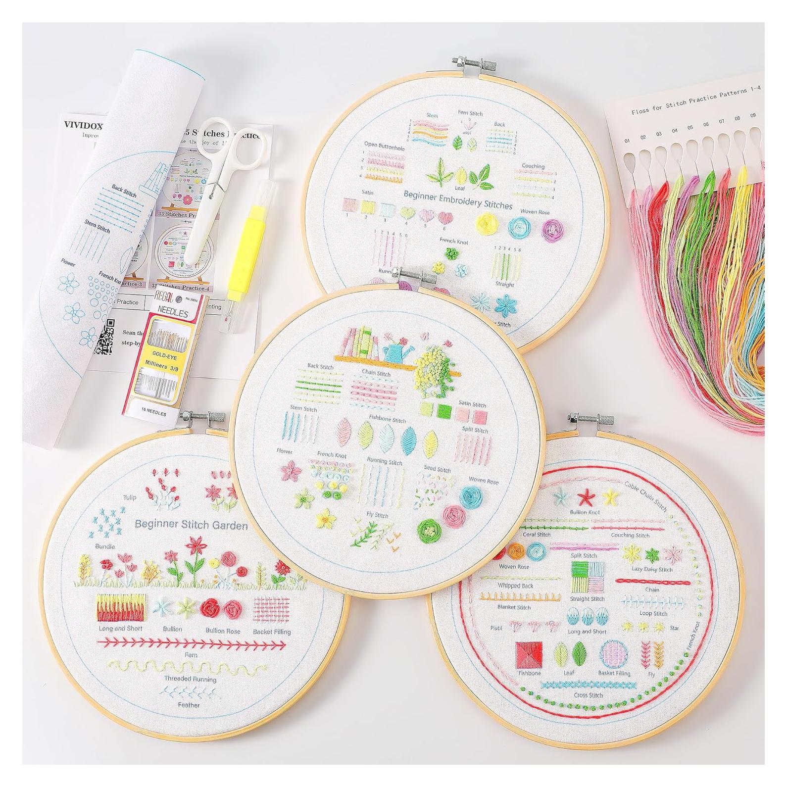 Kit de Bordado VIVIDOX para Principiantes - 35 Puntos, Aro de Bambú