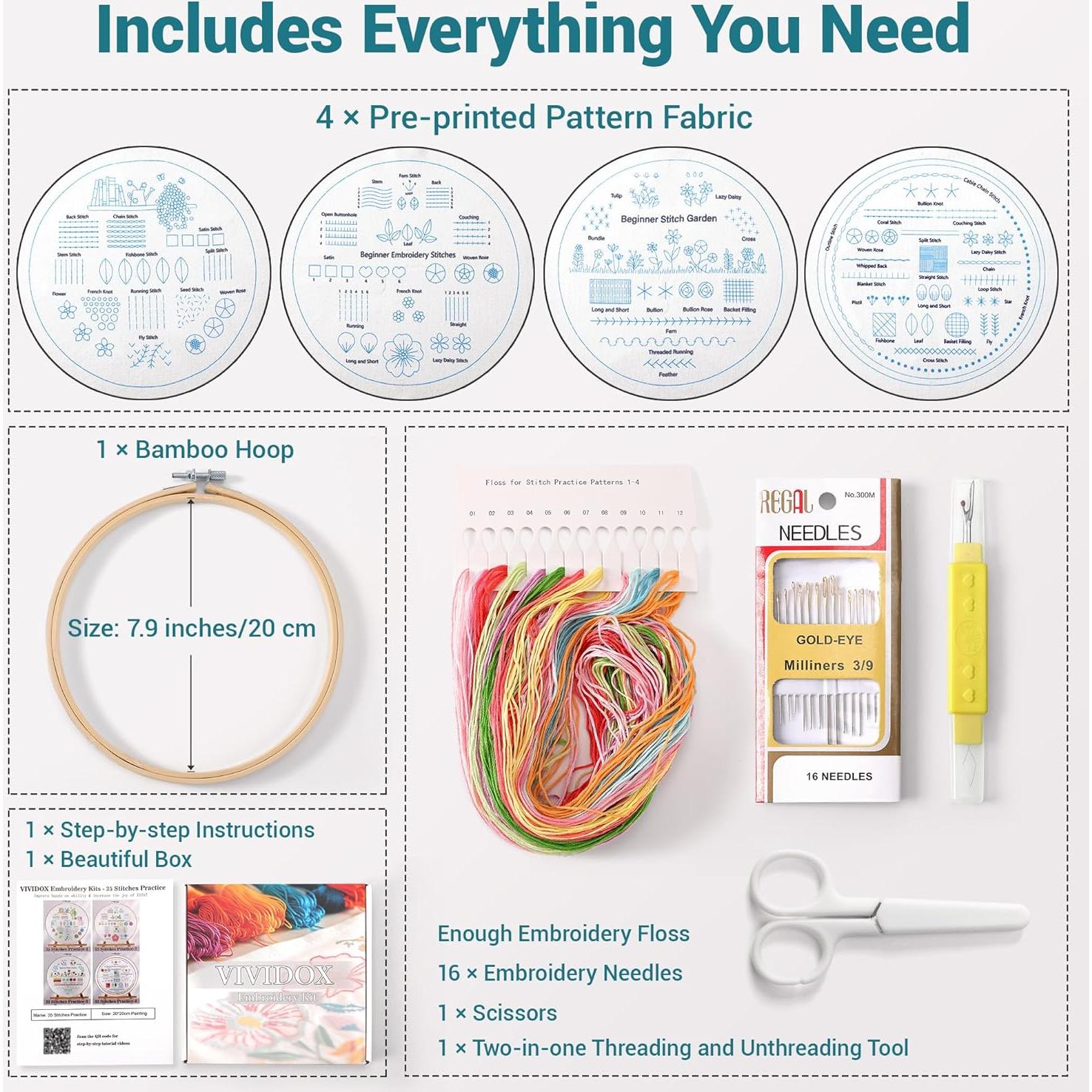 Kit de Bordado VIVIDOX para Principiantes - 35 Puntos, Aro de Bambú