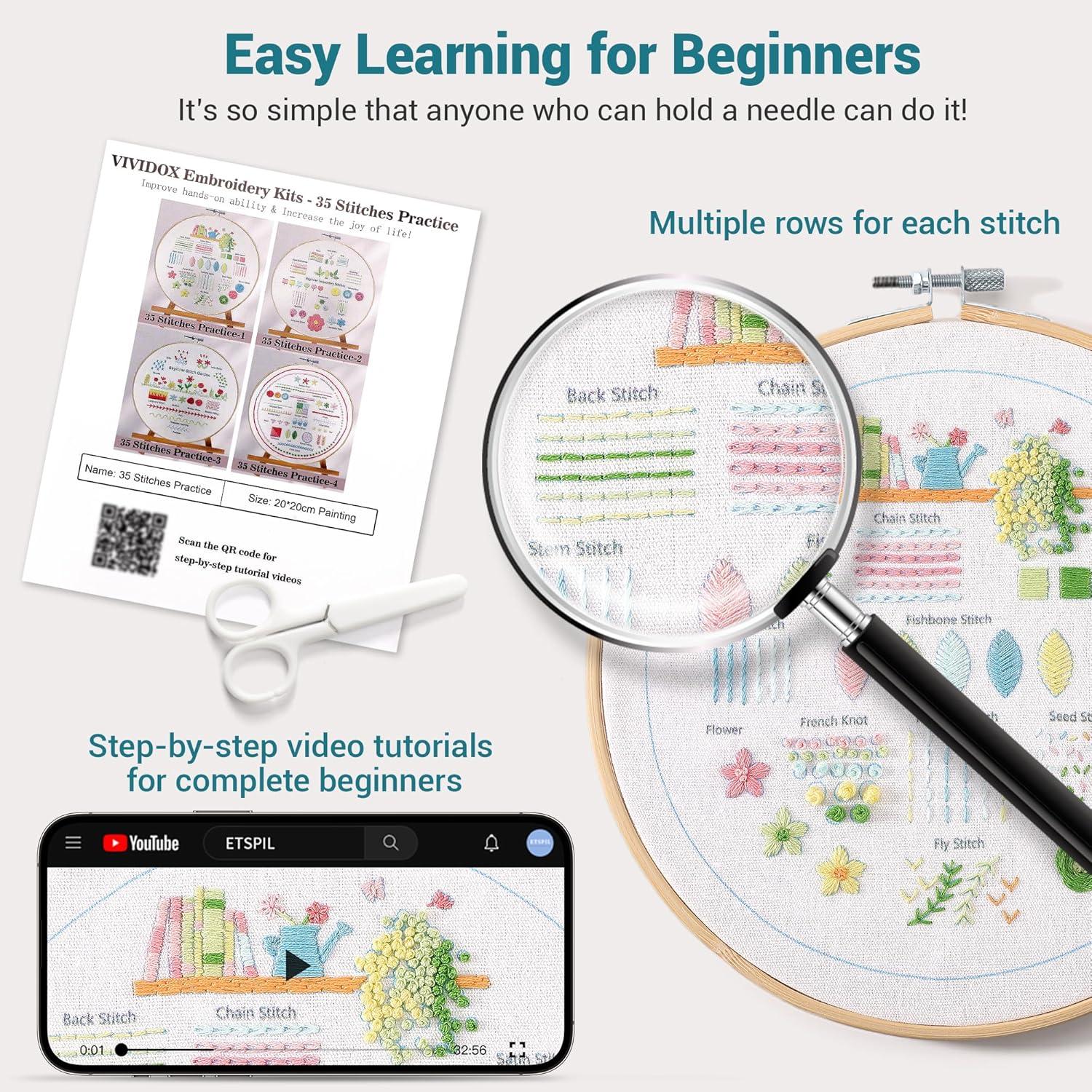 Kit de Bordado VIVIDOX para Principiantes - 35 Puntos, Aro de Bambú