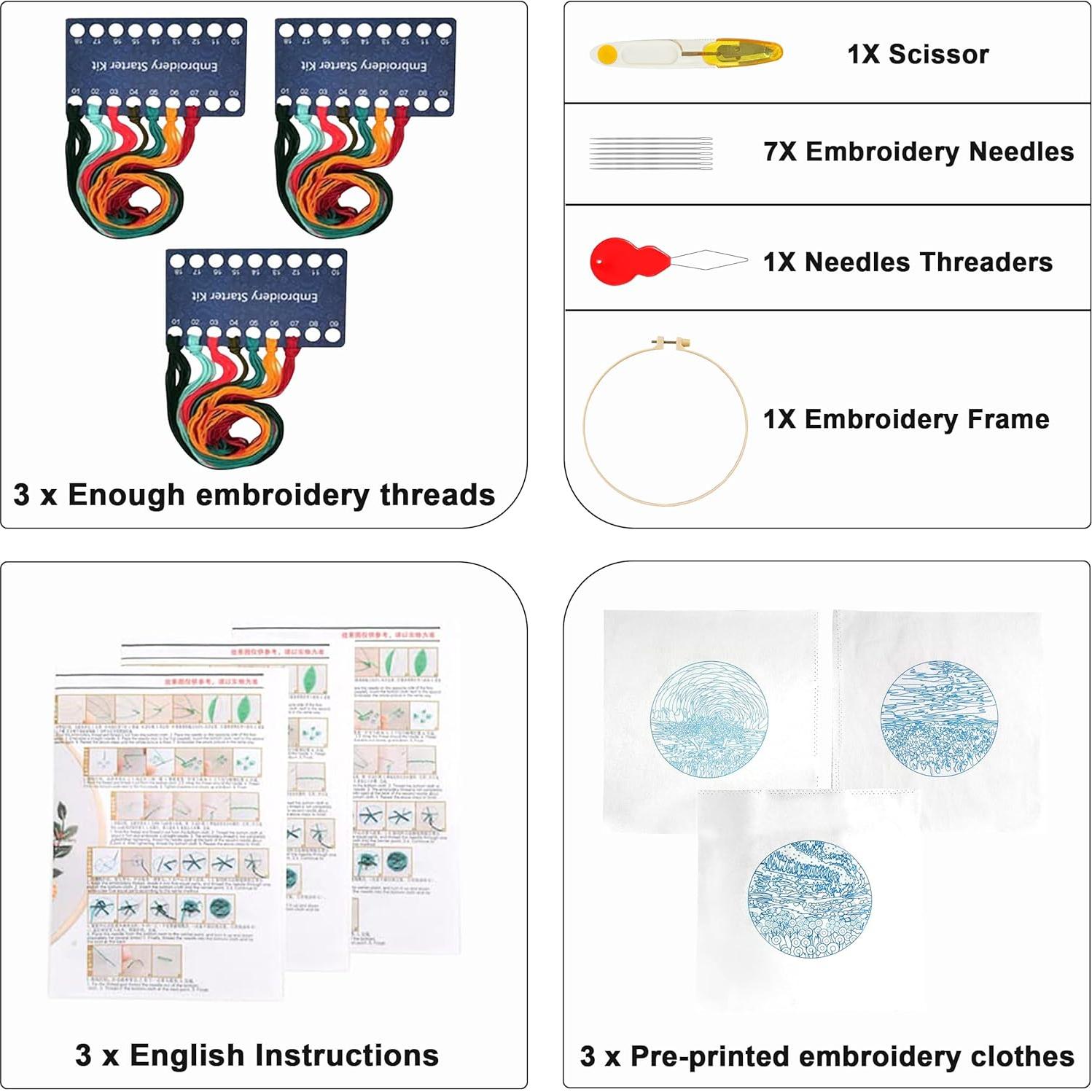 Kit de Bordado Maydear para Principiantes - 3 Paquetes con Aro