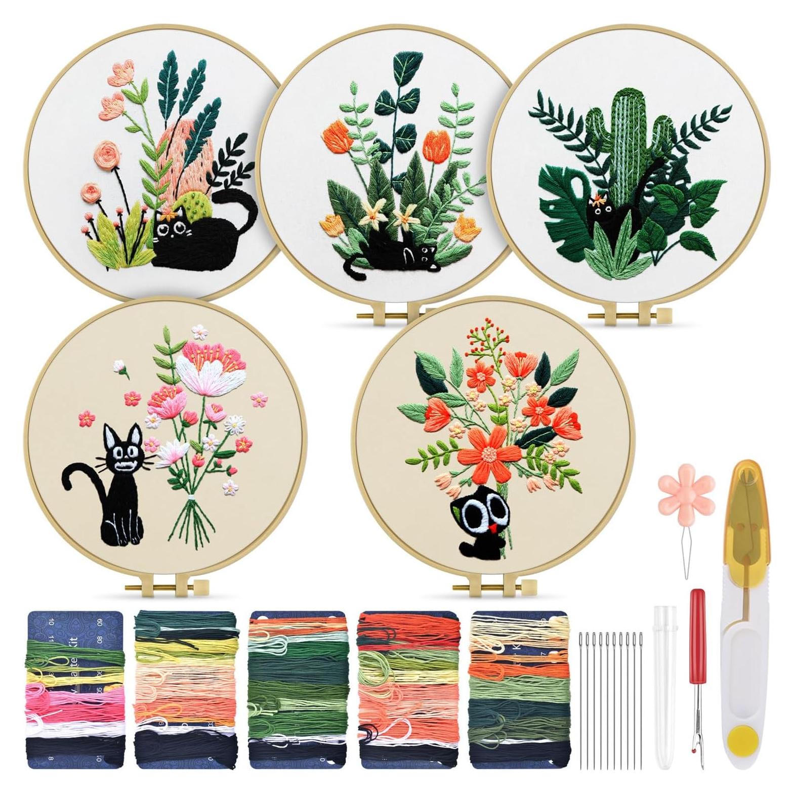 Kit de Bordado TINDTOP para Principiantes Gato Negro y Flor