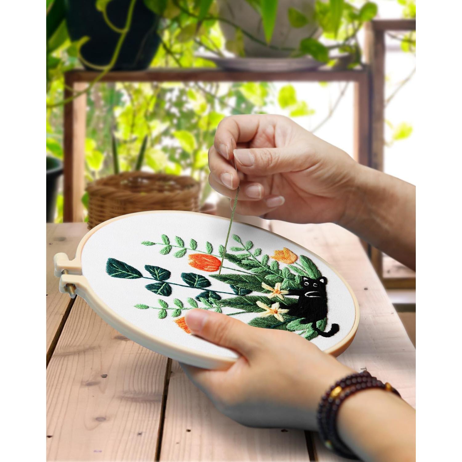 Kit de Bordado TINDTOP para Principiantes Gato Negro y Flor