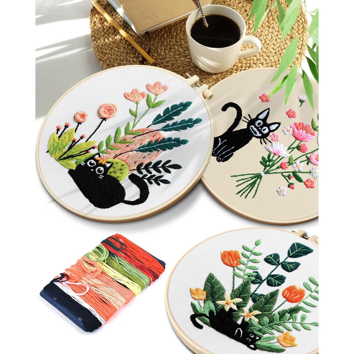 Kit de Bordado TINDTOP para Principiantes Gato Negro y Flor
