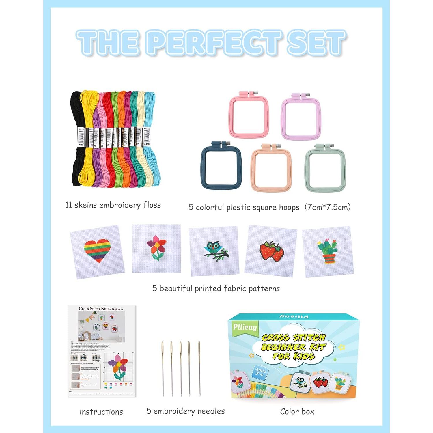 Kit de Punto de Cruz Pllieay para Niños - 5 Proyectos y Hilos