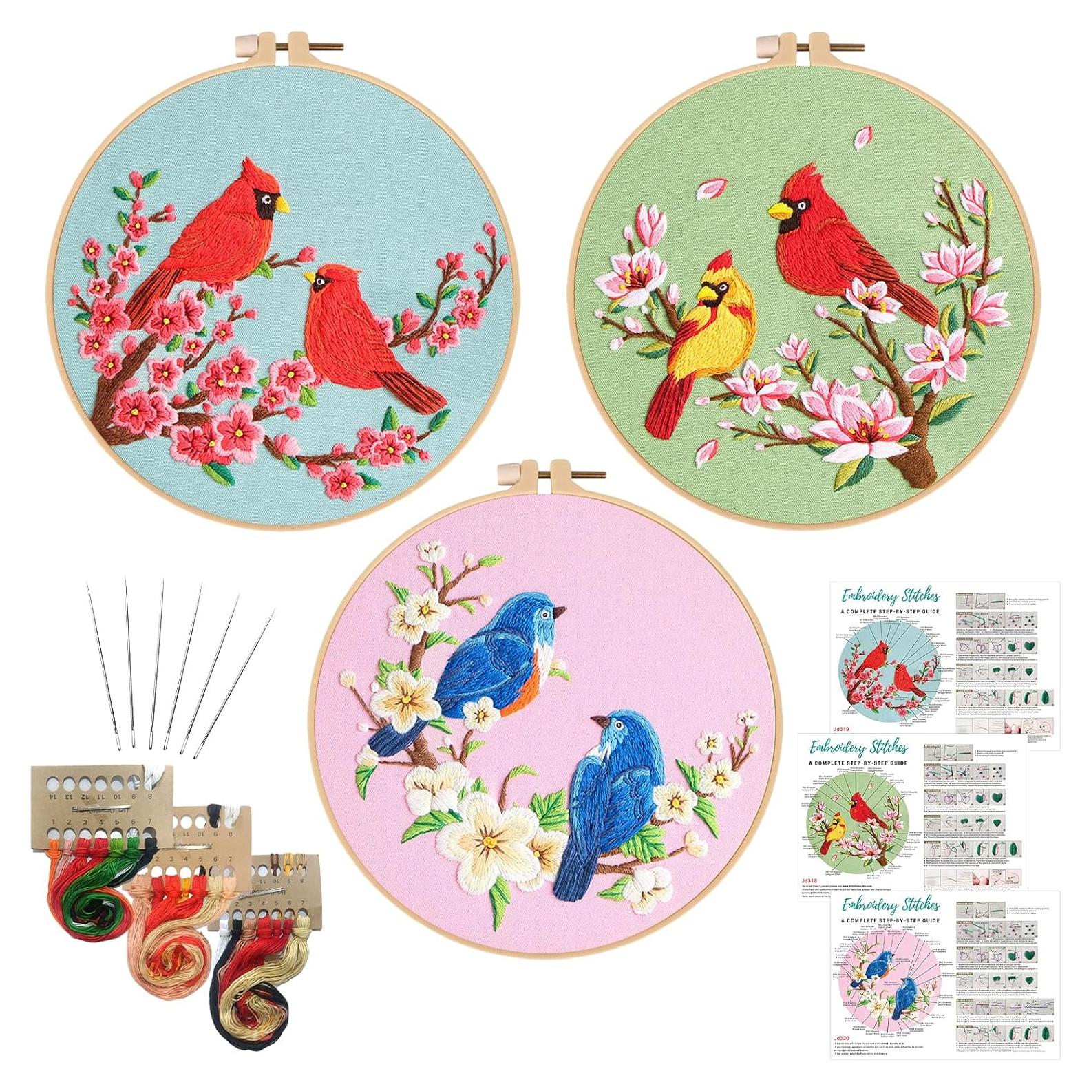 Kit de Bordado Nuberlic para Principiantes - 3 Diseños de Pájaro