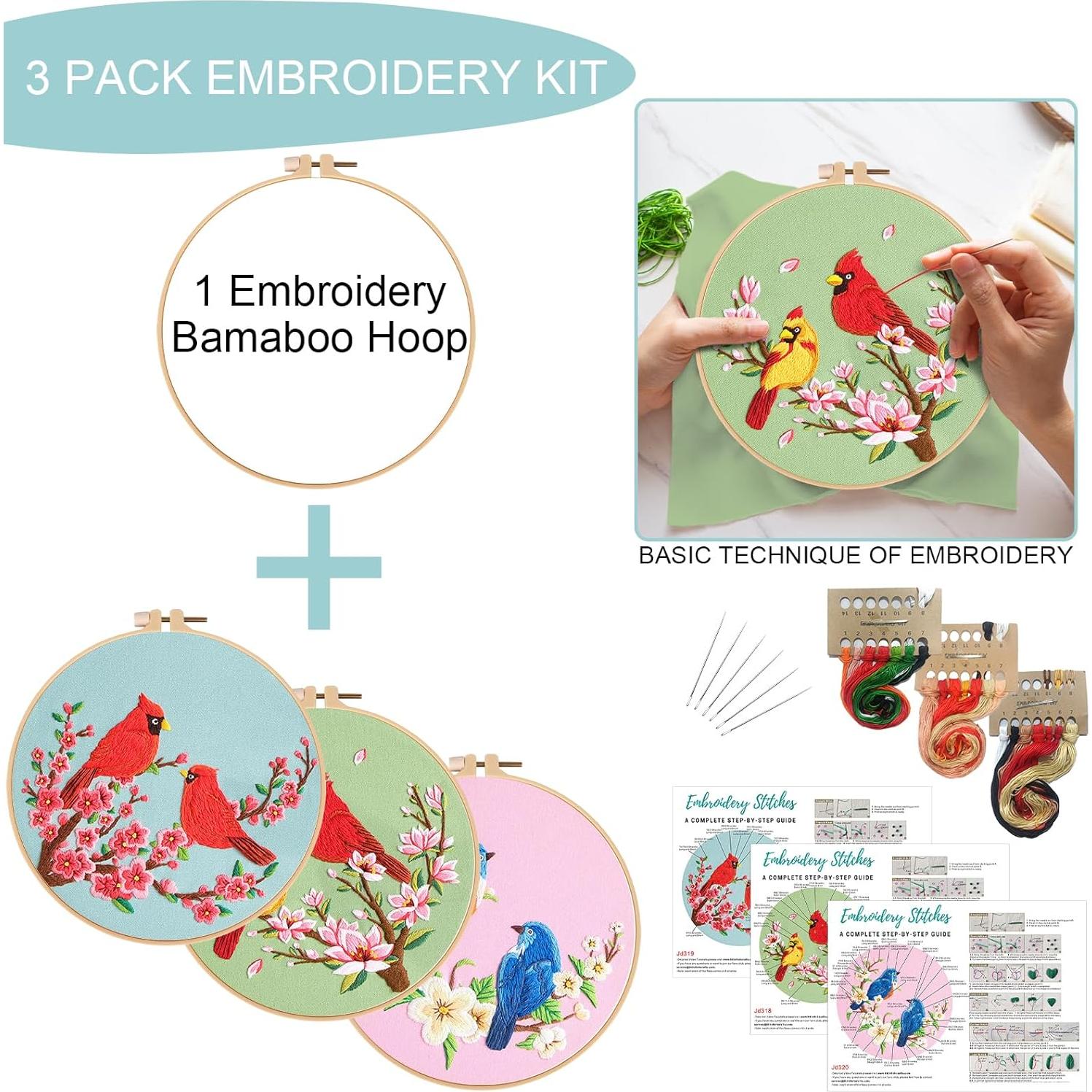 Kit de Bordado Nuberlic para Principiantes - 3 Diseños de Pájaro