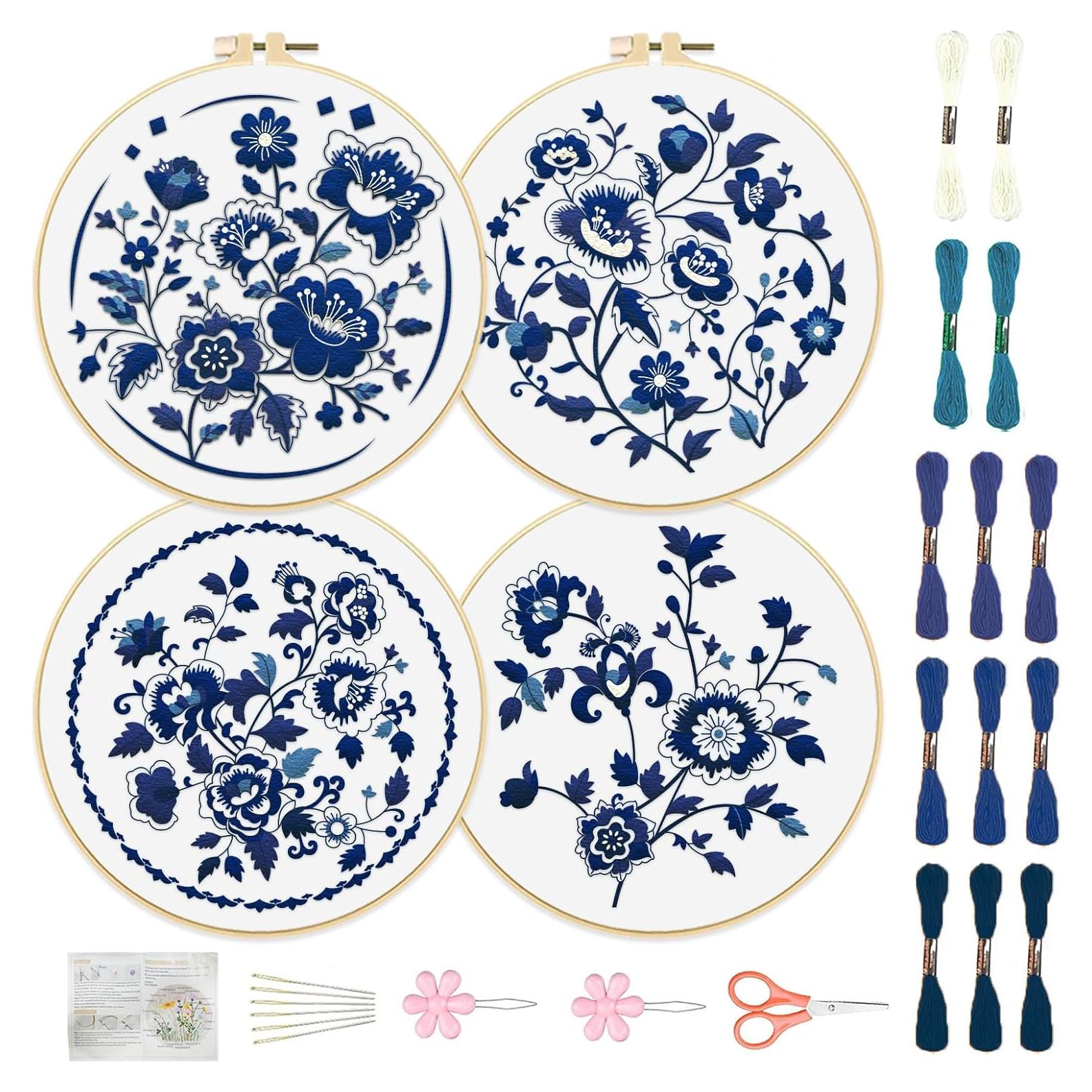 Kit de Bordado FREEBLOSS 4 Piezas Floral 30.48 cm para Principiantes