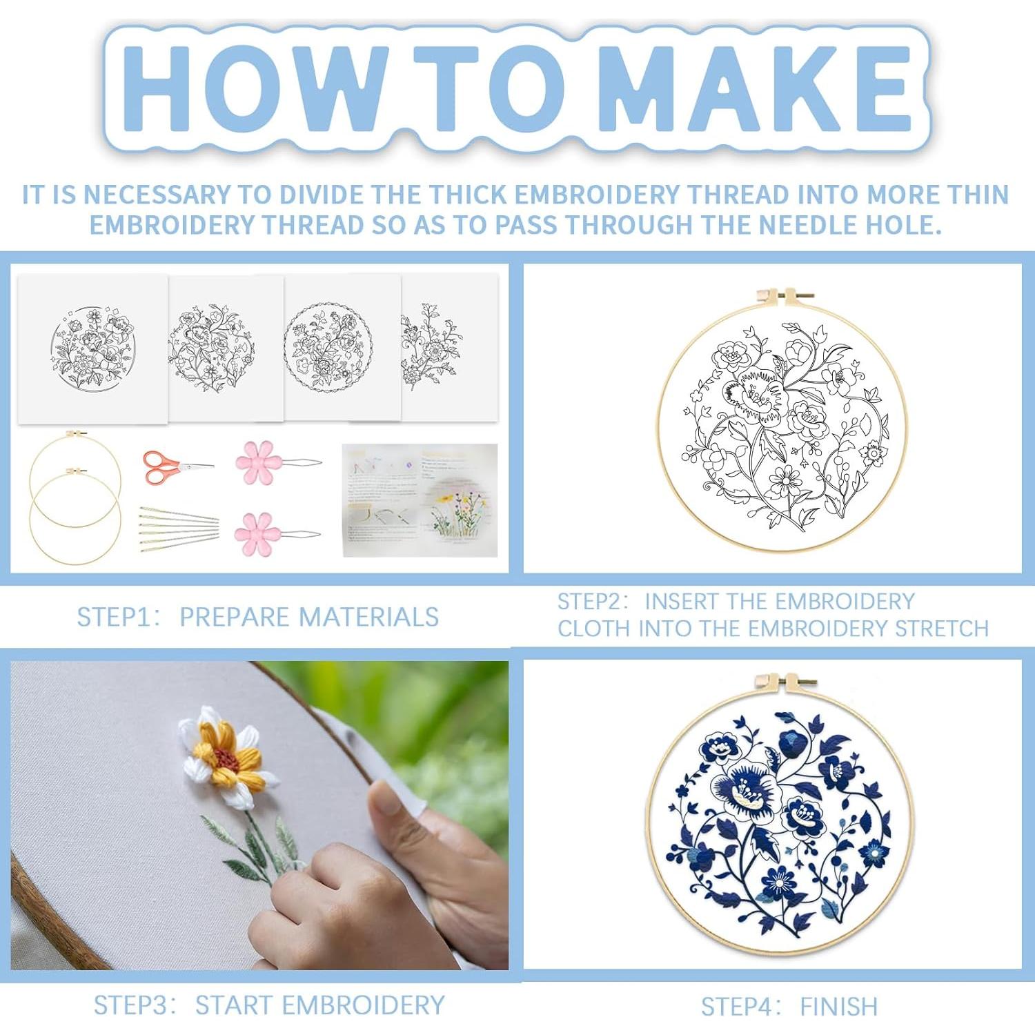 Kit de Bordado FREEBLOSS 4 Piezas Floral 30.48 cm para Principiantes