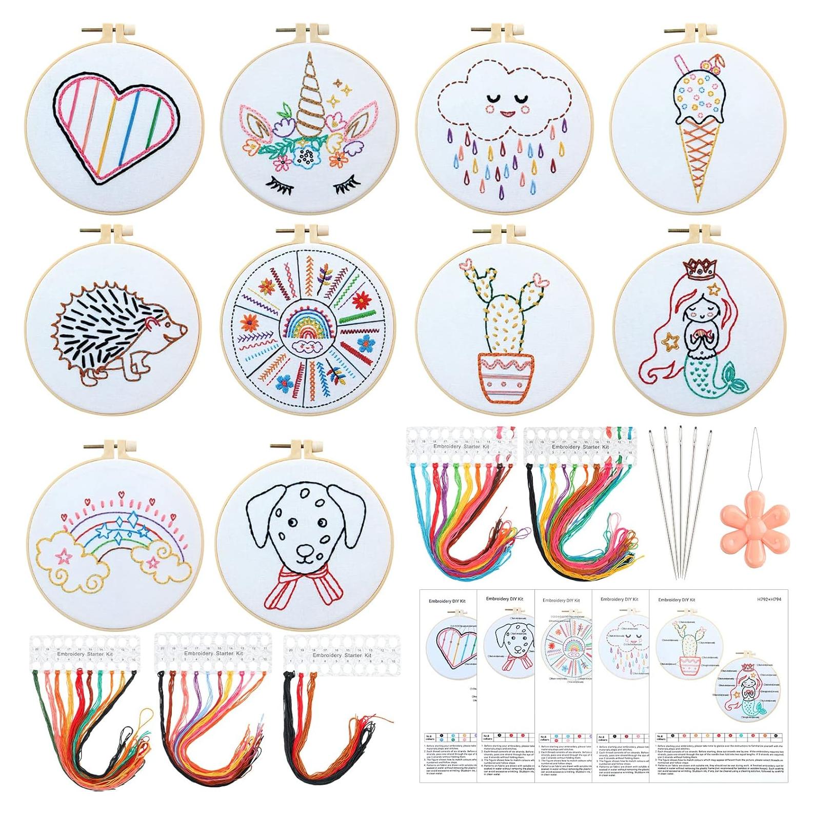 Kit de Bordado Giegxin para Principiantes - 10 Diseños, 2 Aros, Hilo y Agujas