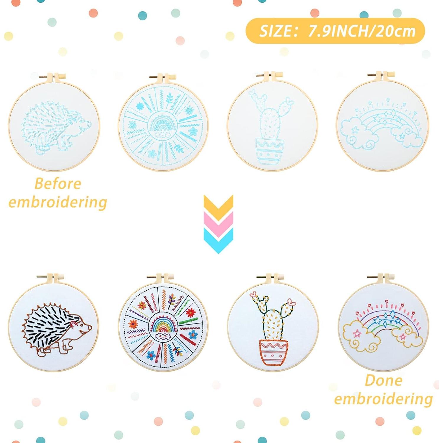 Kit de Bordado Giegxin para Principiantes - 10 Diseños, 2 Aros, Hilo y Agujas