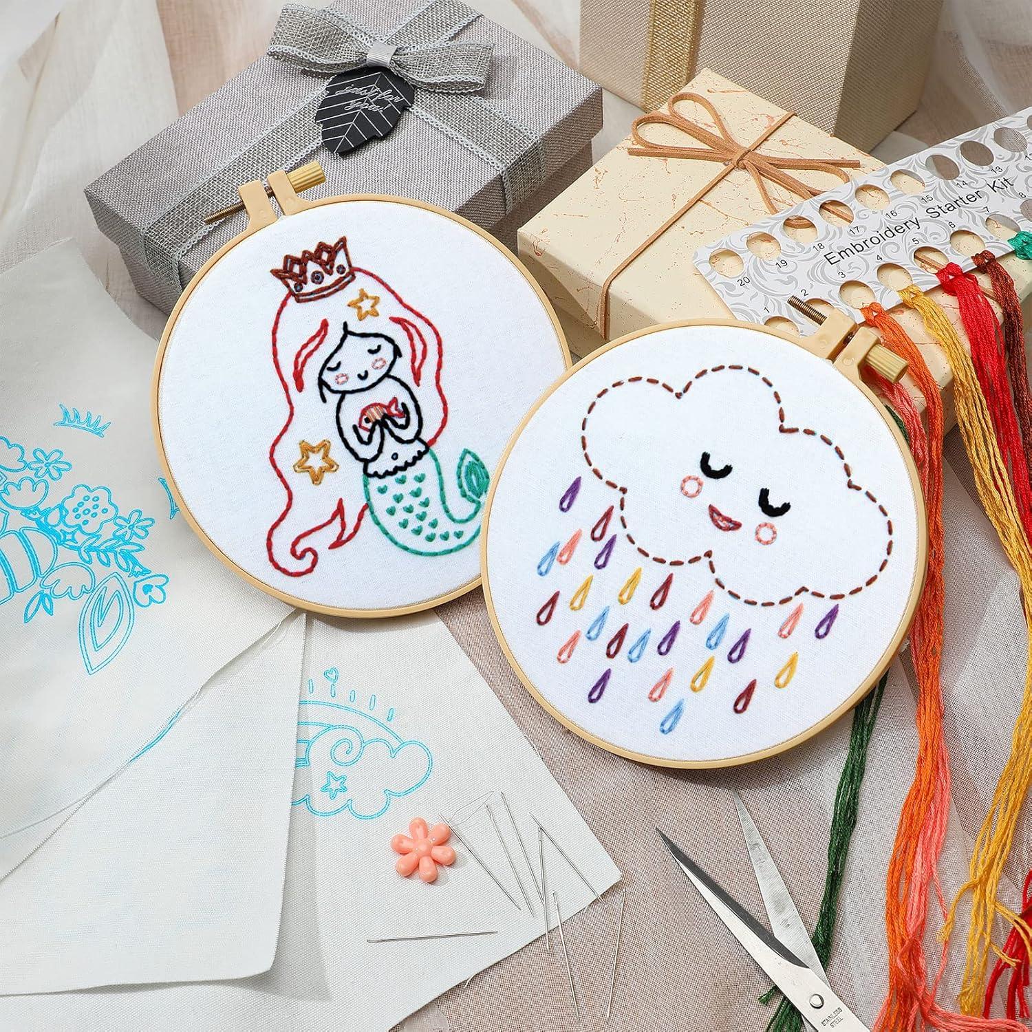 Kit de Bordado Giegxin para Principiantes - 10 Diseños, 2 Aros, Hilo y Agujas