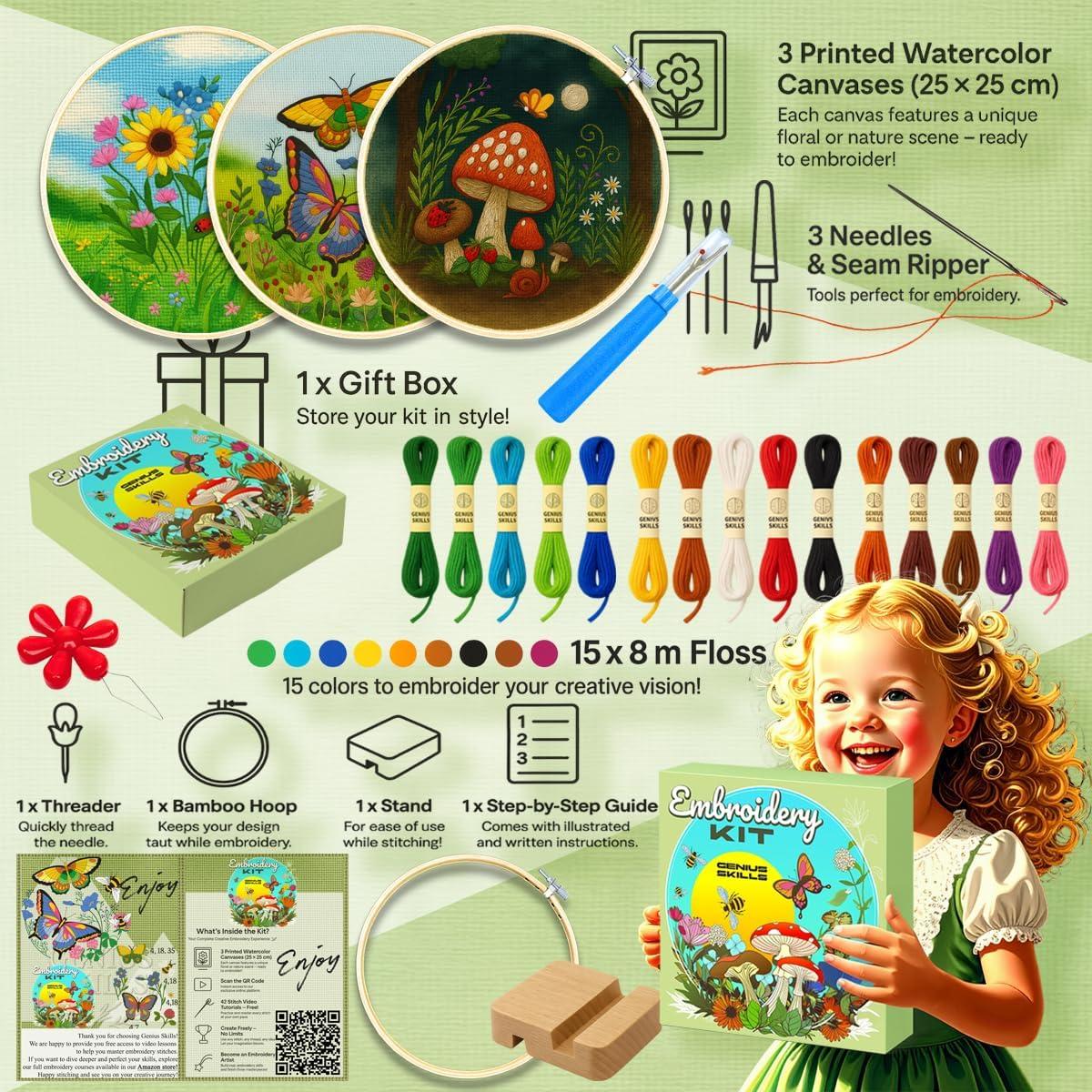 Kit de Bordado Genius Skills - 3 Lienzos Acuarela DIY