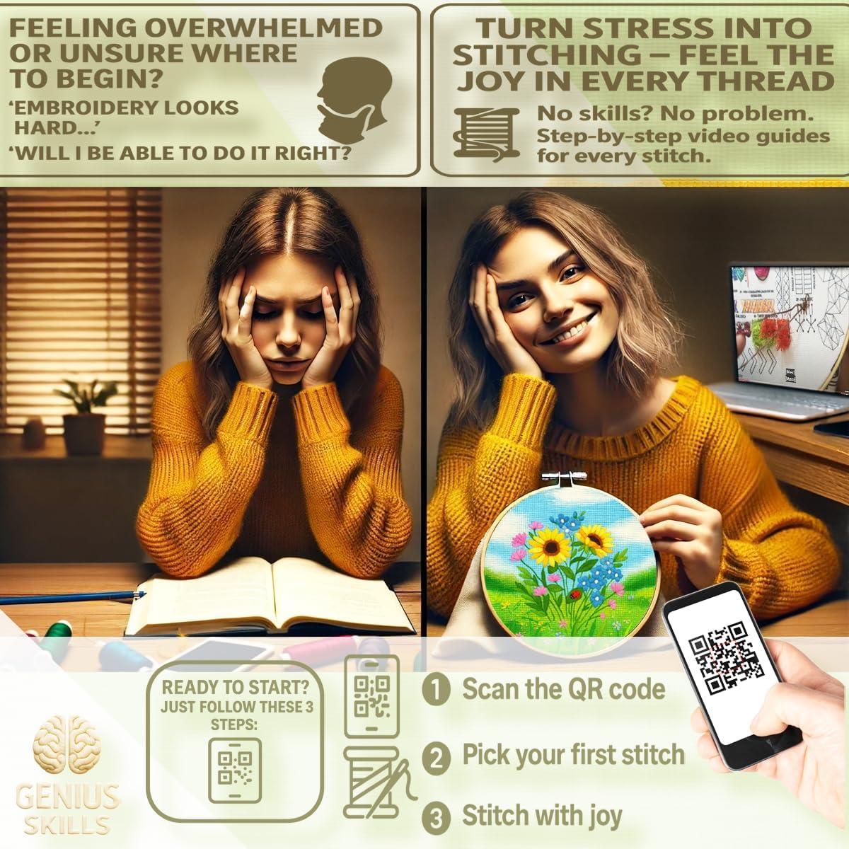 Kit de Bordado Genius Skills - 3 Lienzos Acuarela DIY