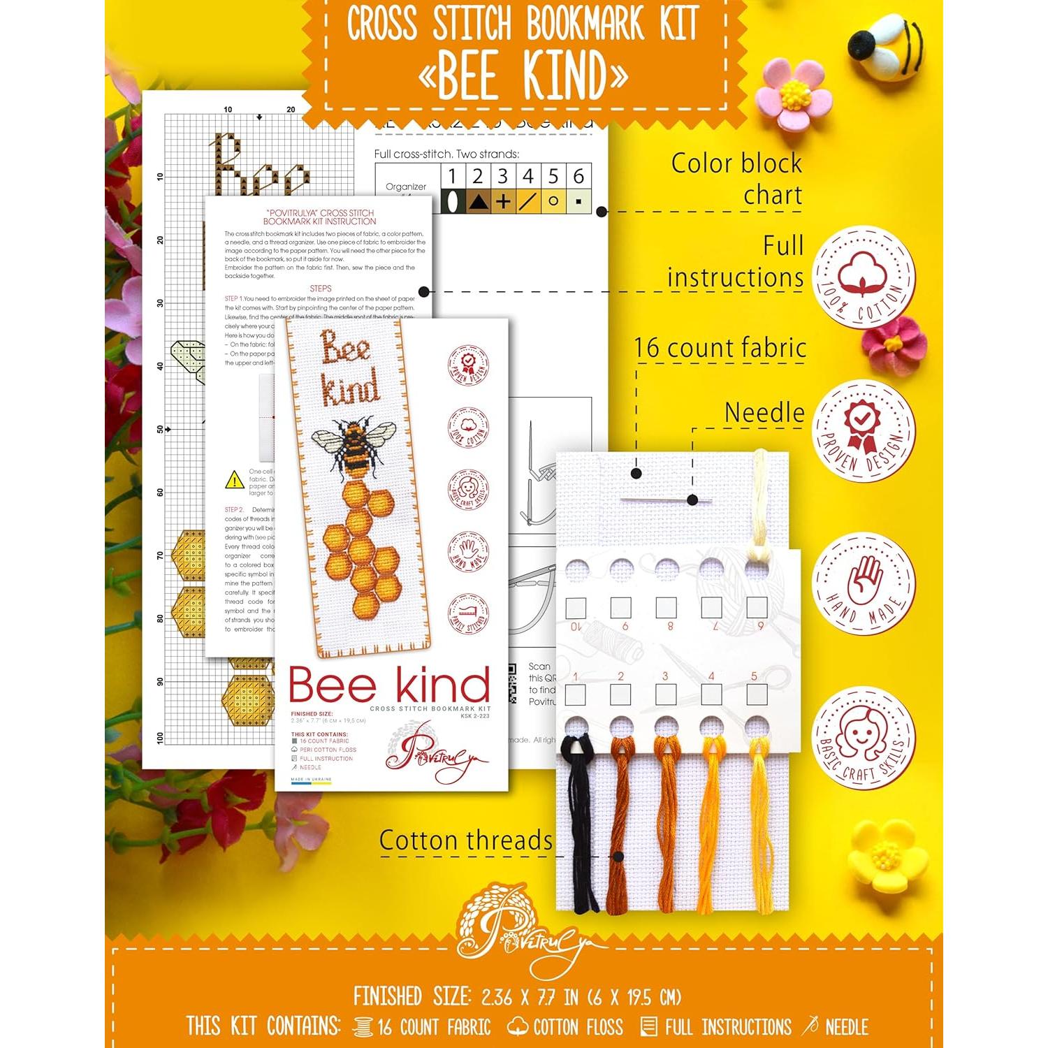 Kit de Bordado DIY Povitrulya Bee Kind - Punto de Cruz Contado