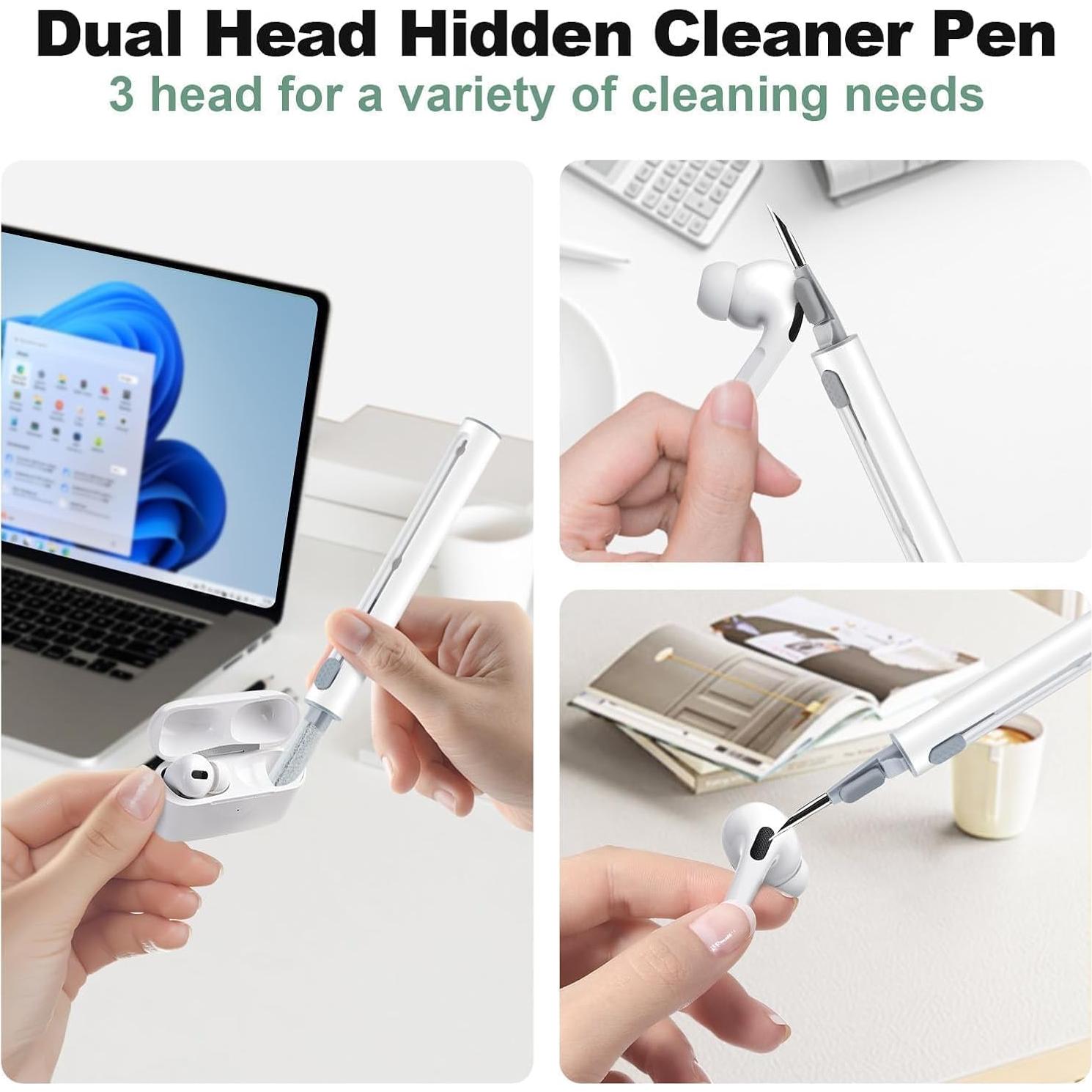 MOLOVA Cleaner Kit for Airpods Pro 1 2 3 Multi-Function 3 in 1 Cleaning Pen with Soft Brush Flocking Sponge for Bluetooth Earphones Case Cleaning Tools, 1 Piece(White)