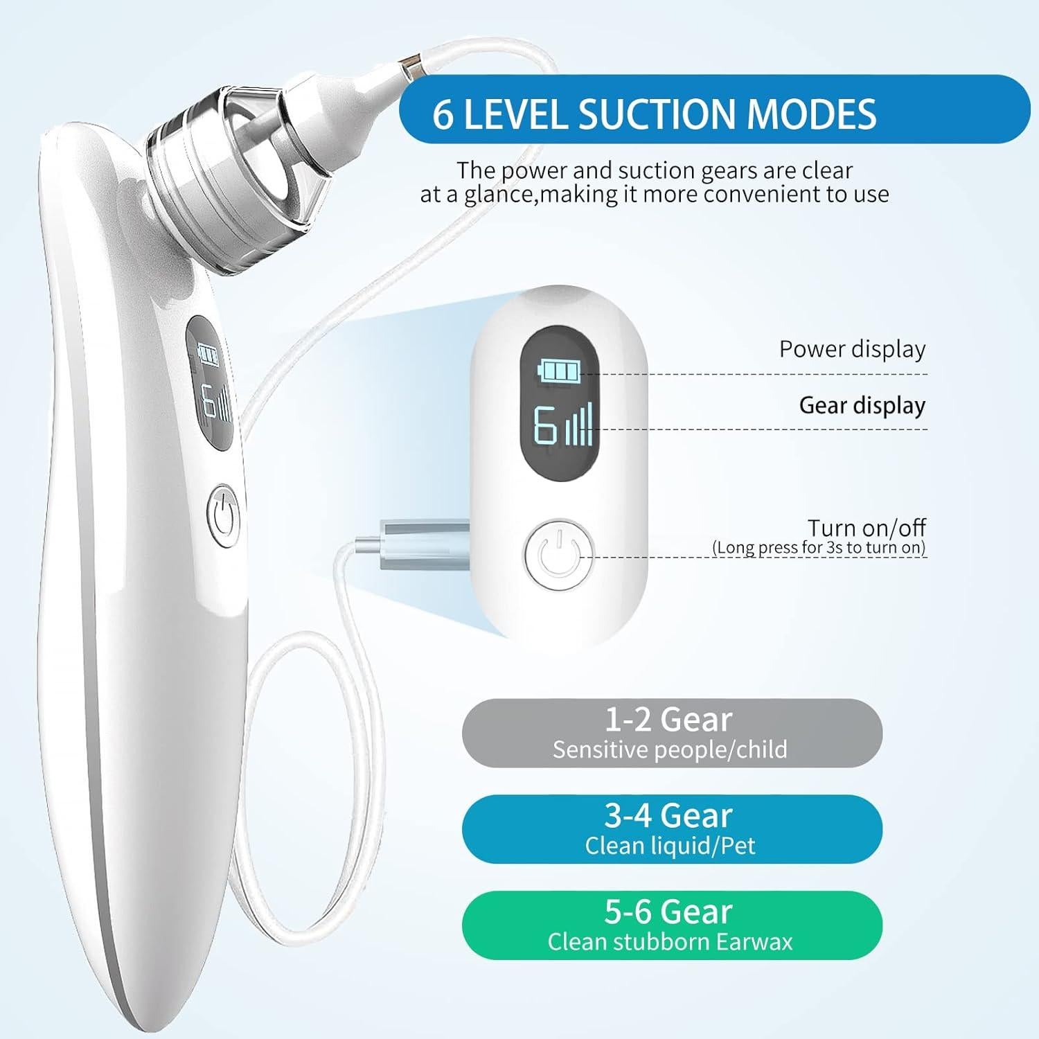 Aspirador Eléctrico de Cera de Oído Ear on-1, 6 Niveles, USB