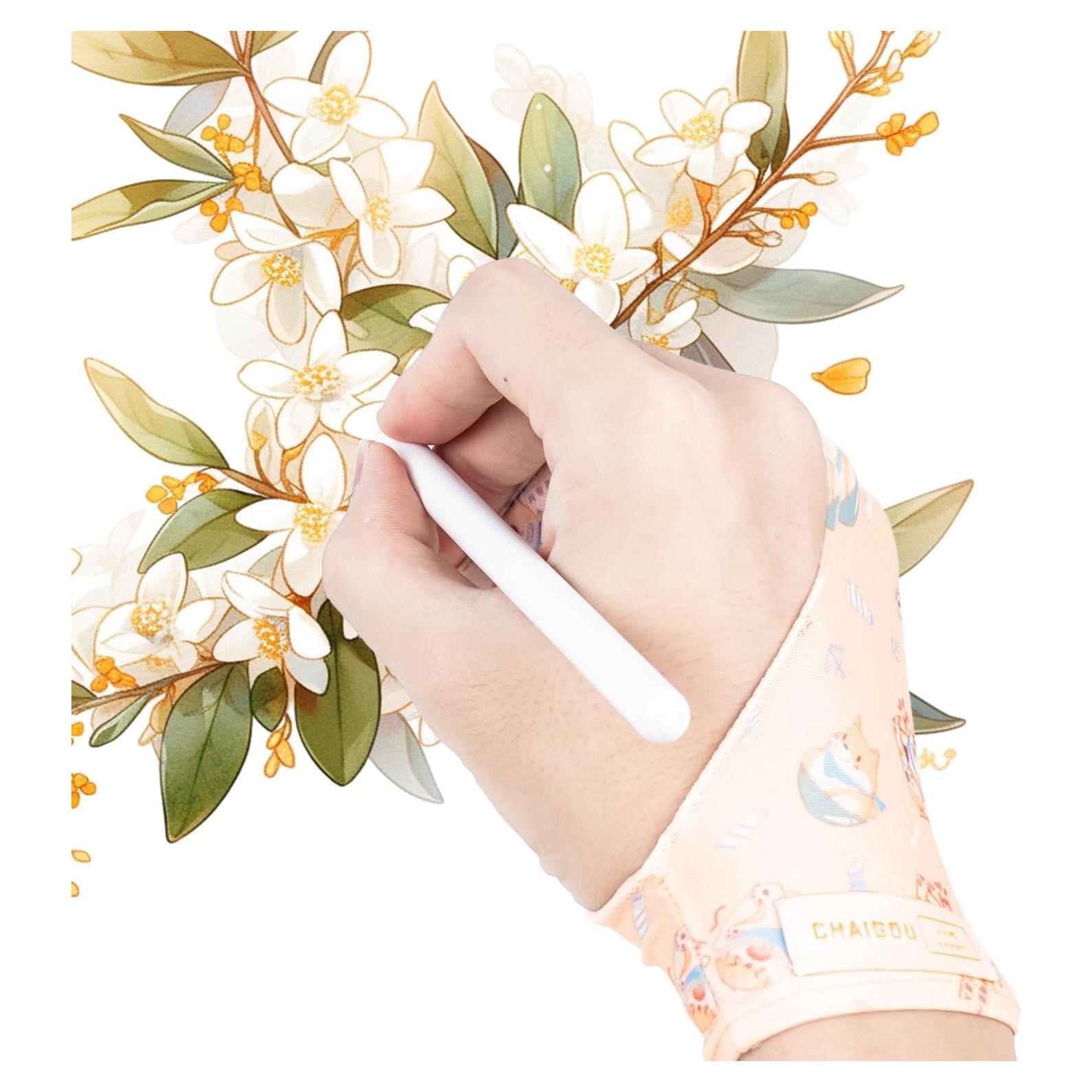 Artist Drawing Glove, Two-Finger Digital Art Glove for Drawing Tablet/Pen Display/Monitor Cute Dog Print Universal Drawing Glove for Right and Left Hand,S Yellow Color