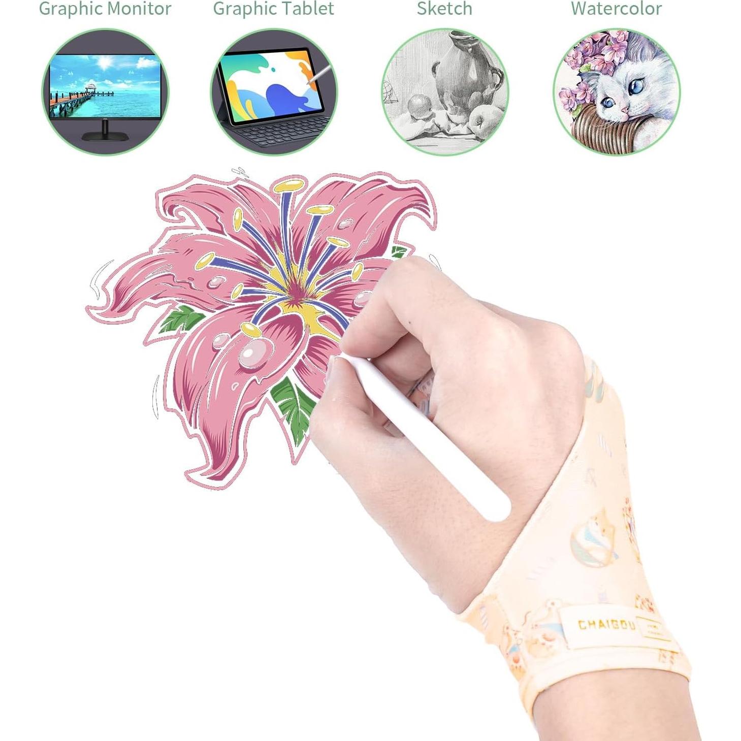 Artist Drawing Glove, Two-Finger Digital Art Glove for Drawing Tablet/Pen Display/Monitor Cute Dog Print Universal Drawing Glove for Right and Left Hand,S Yellow Color