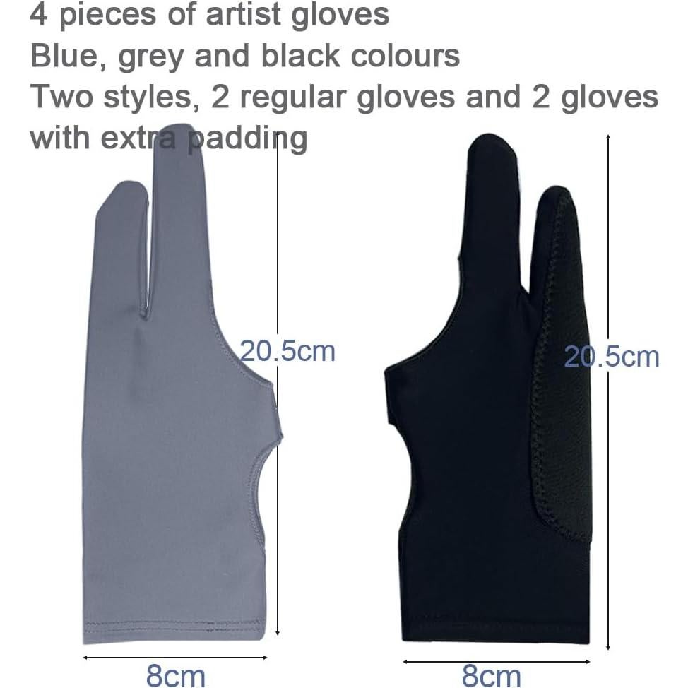 Guante de Dibujo Gzingen 4 PCS 2 Dedos Ambidiestro Azul Gris Negro
